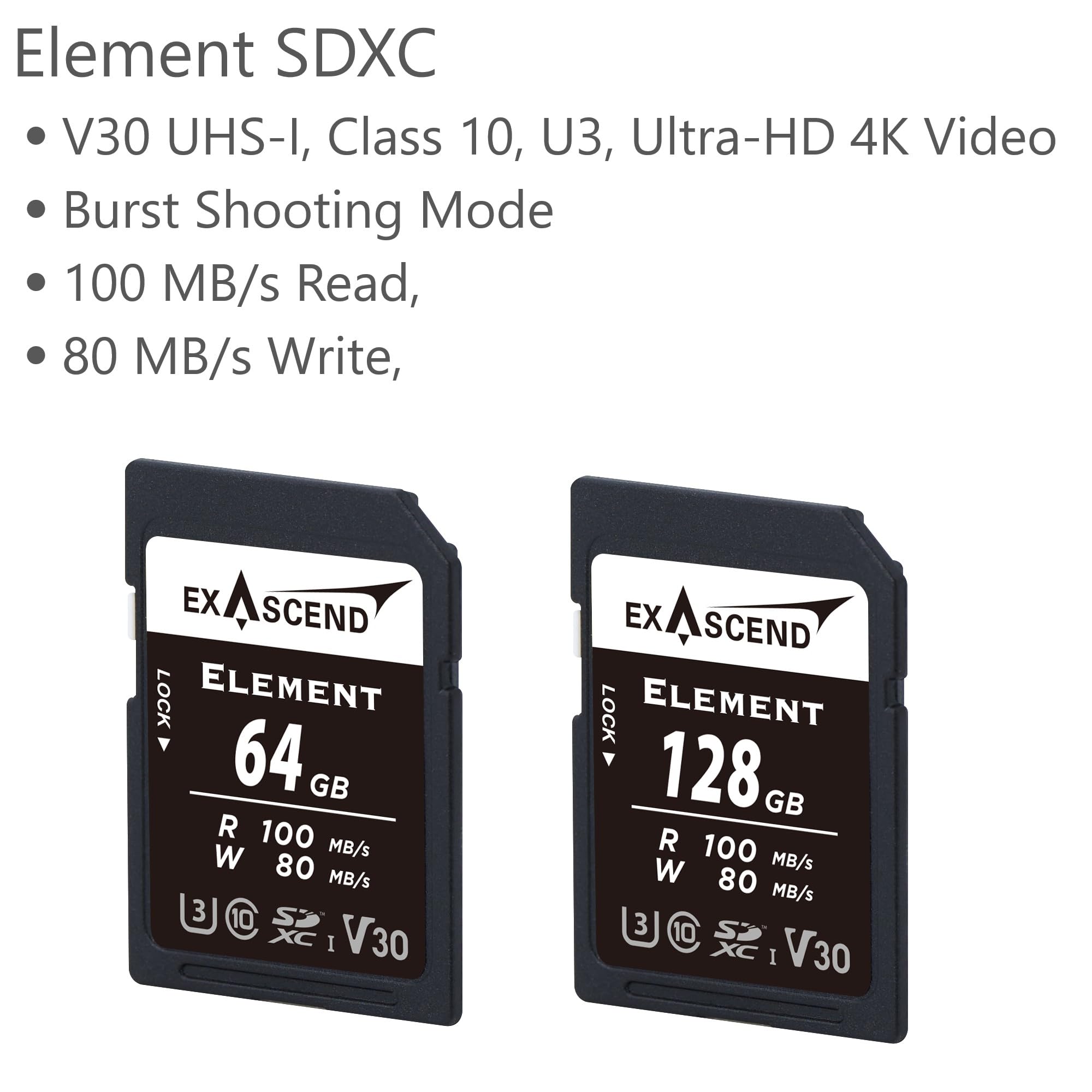 Exascend Element Carte mémoire SDXC UHS-I V30 128 Go 4K UHD jusqu'à 170 Mo/s, UHS-I, classe 10, U3, V30 (UHS-I V30 100 Mo/s, 128 Go)