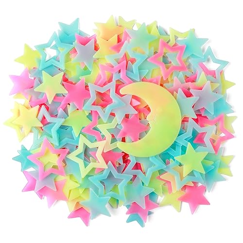 140 pcs Colorful Glow in The Dark Moon and Stars Wall Stickers Yellow Pink Blue Glowing Star Decor DIY 3D Hollow Luminous Stars Wall Decals for Kids Boys Baby Bedroom Ceiling Wall Decoration - Yellow Moon Star
