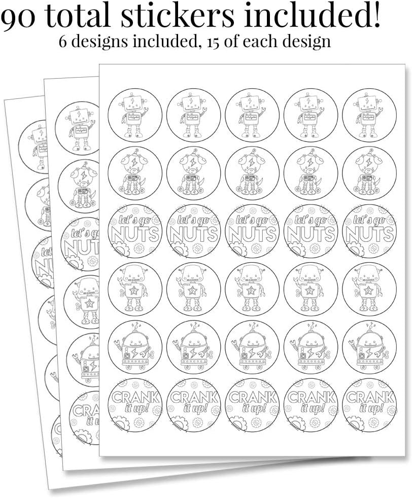 Color Your Own Cute Robots Themed Birthday Party Favor Sticker Labels for Kids, 90 1.5" Party Circle Stickers by AmandaCreation, Great for Arts & Crafts, Envelope Seals, Goodie Bags & Treats