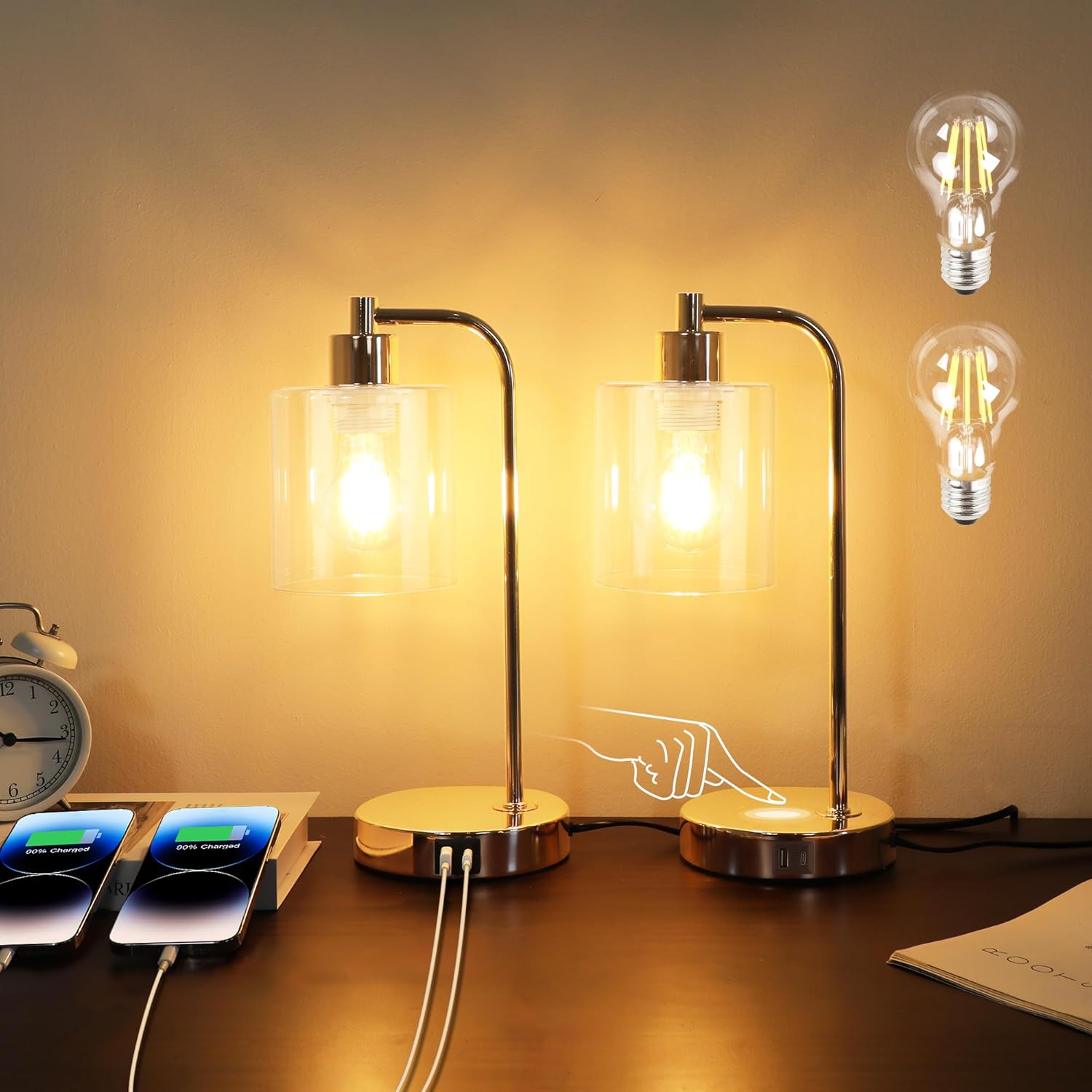 Allesin Dimmable Table Lamp, Touch Lamp Bedside with USB A+C, Vintage