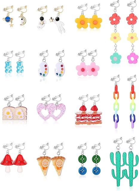 LOLIAS 15 Pairs Cute Clip On Earrings for Girls Women kawaii Weird Earrings Funny Earrings Aesthetic Bear Dinosaur Butterfly Cherry Dangle Earrings Non Piercing Earrings Rubber Pads Jewelry