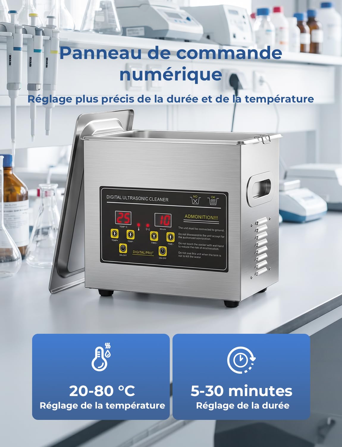 Nettoyeur à Ultrasons Acmeenjoy, 230 W, 3 L. Appareil de nettoyage ultrasonique avec affichage numérique, durée de nettoyage de 5 à 30 minutes, idéal pour le nettoyage de bijoux, lunettes et montres