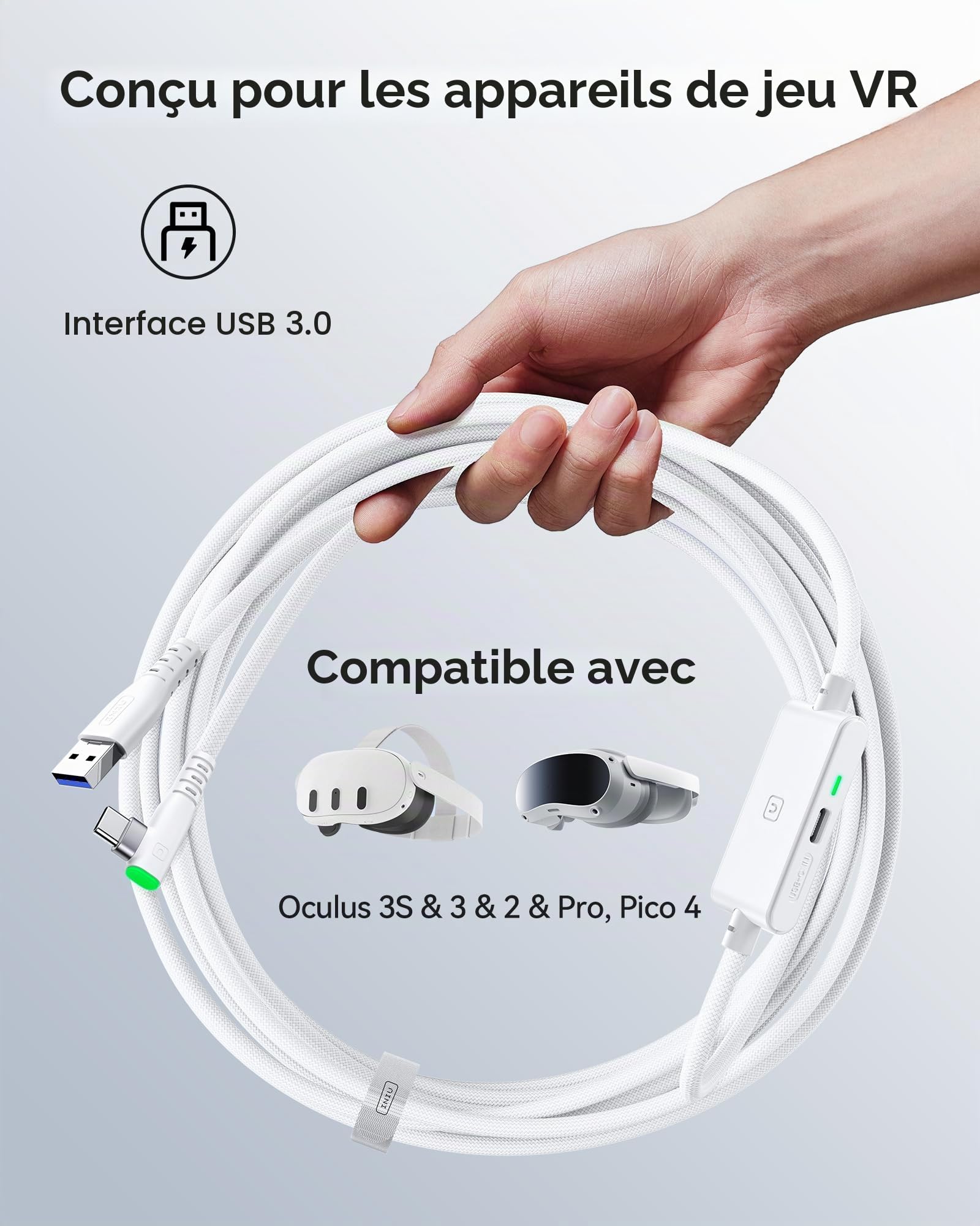INIU Câble de liaison VR de qualité supérieure avec chargement, USB 3.0 compatible avec Meta Quest 3s, Oculus Quest 3/2/Pro, Pico 4, PC VR et Steam VR – Accessoire VR blanc parfait, choix de cadeau