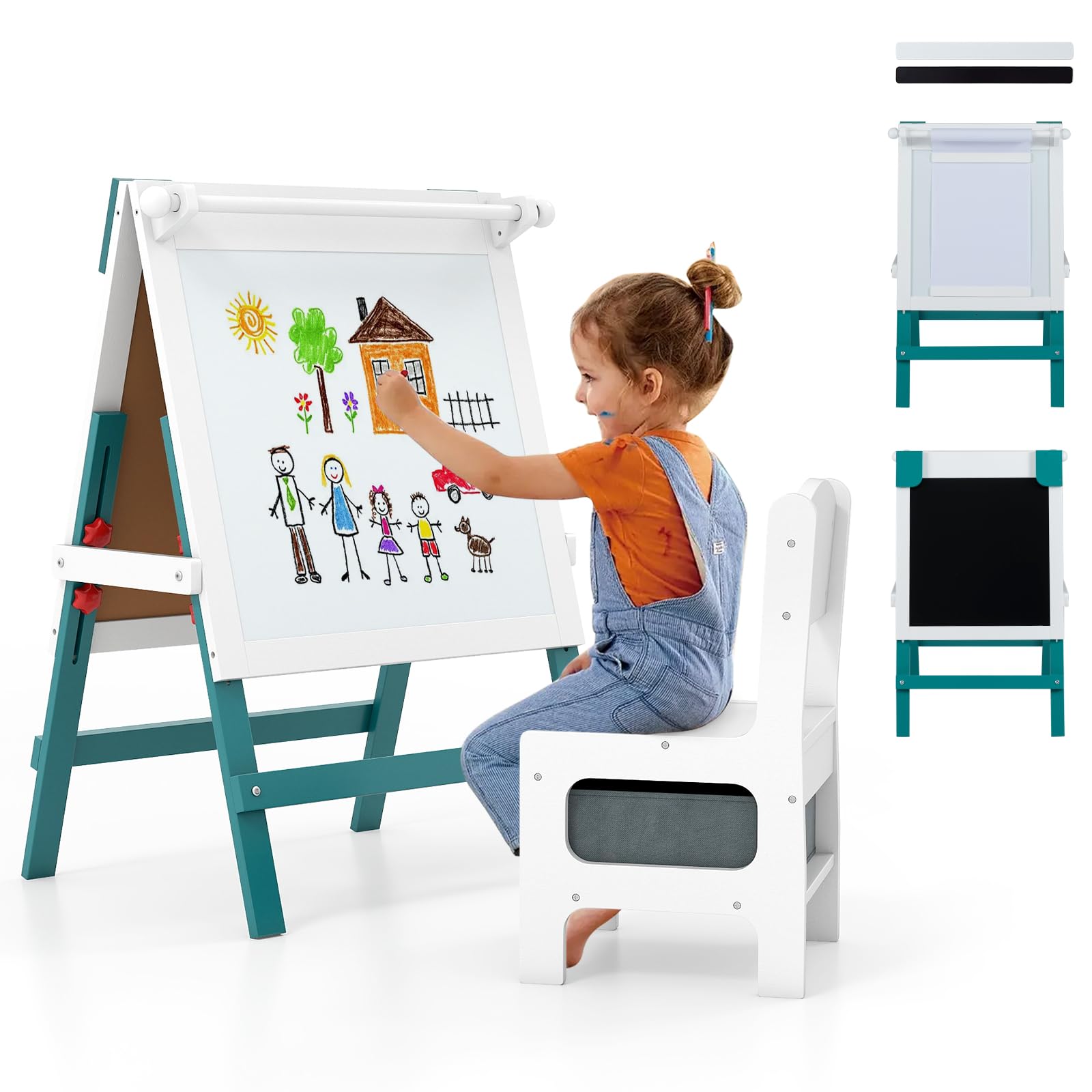 RELAX4LIFE 3 in 1 Lavagna Bambini in Legno, Cavalletto Artistico Bifacciale con Porta Rotoli, Altezza Regolabile e Barre Magnetiche. Include Sedia e Cestino per 3+ Anni (Bianco+Verde)
