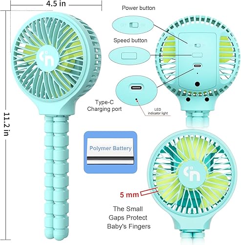 Vista 21 de WiHoo - Ventilador portátil para cochecito de mano, ventilador de bebé portátil con trípode flexible para cochecito/cama de estudiante/bicicleta