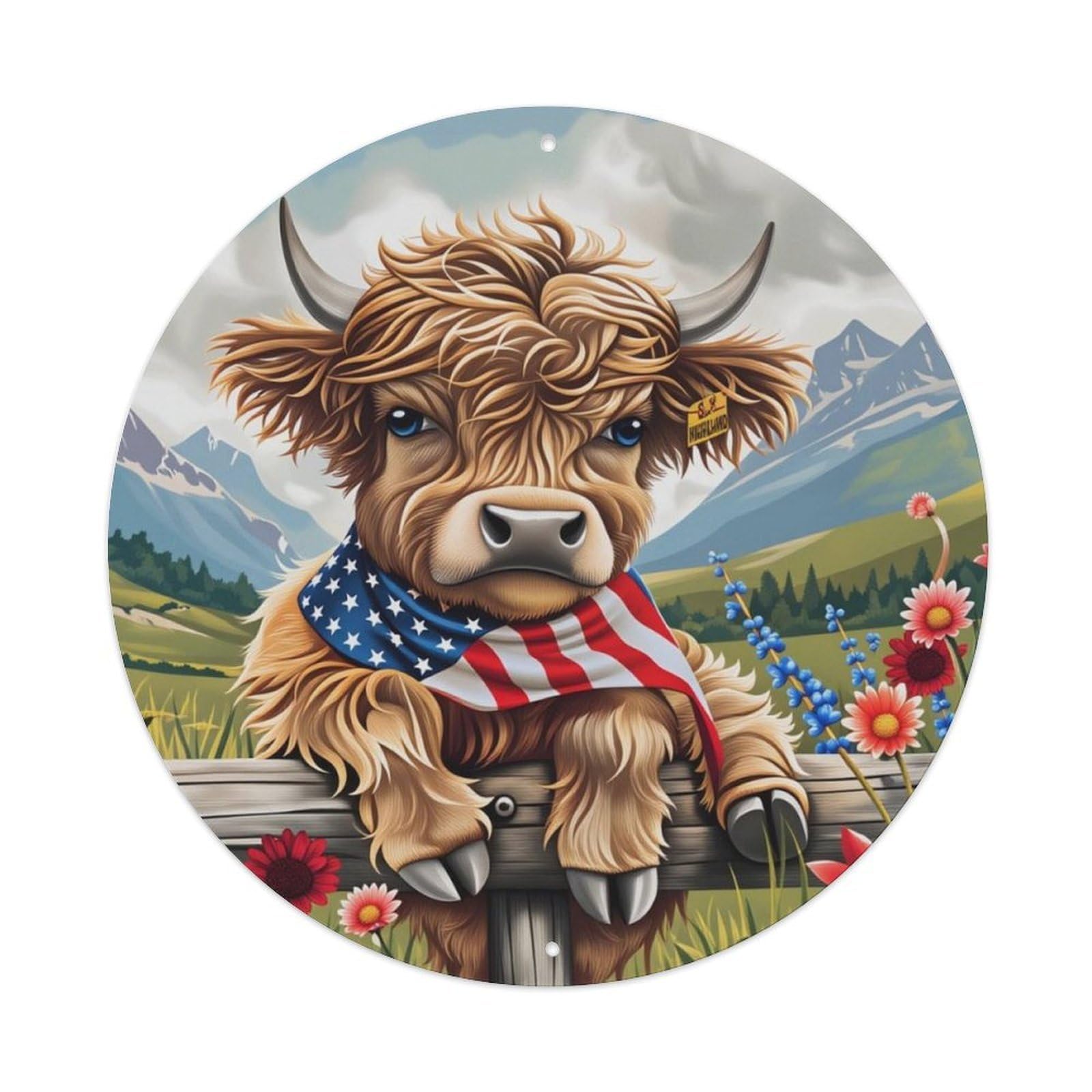 American Flag Highland Cow Farm Round Decor Sign Vintage Aluminium Metal Sign, Retro Wall Decor for Home, Bar, Garage & Farmhouse 20x20cm
