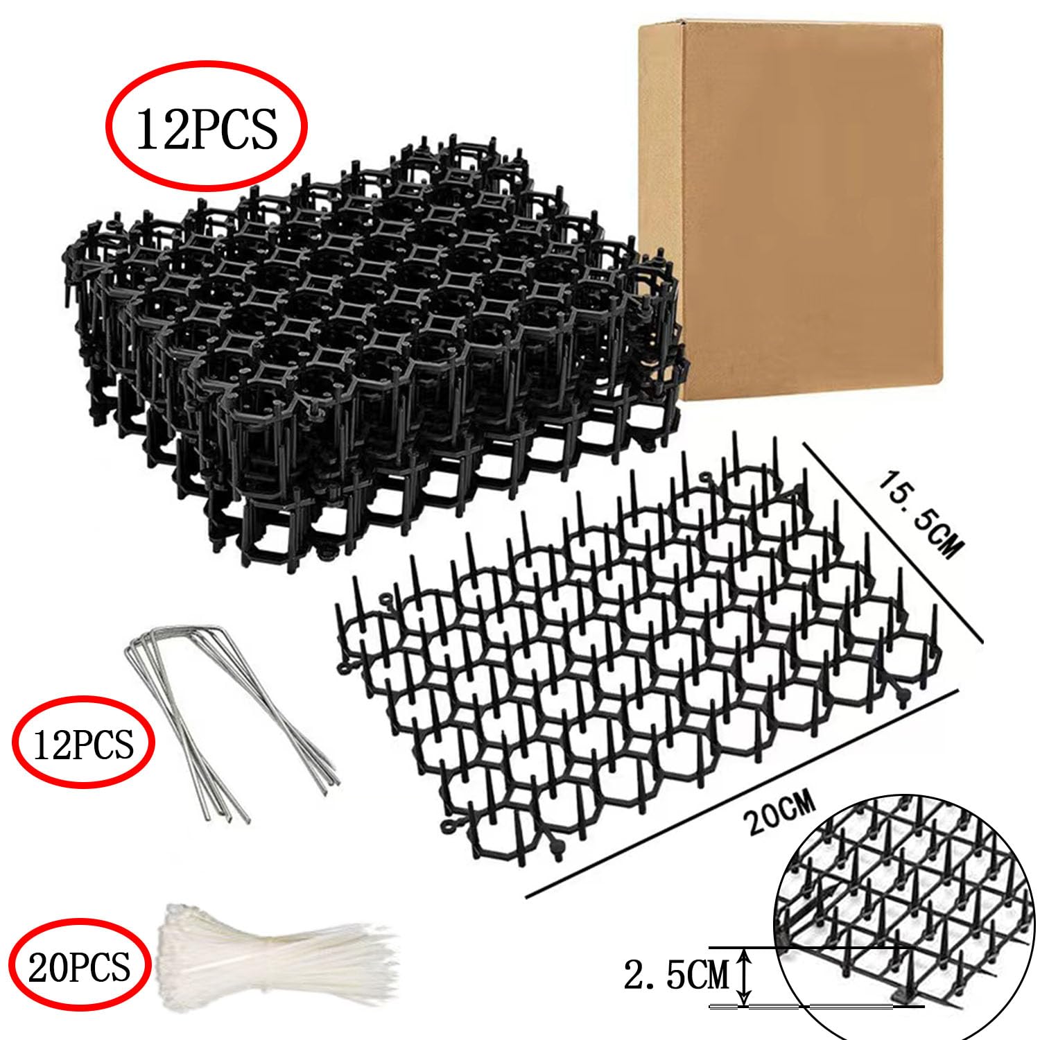KEELYY Pinchos Anti Gatos, Alfombrilla Repelente para Gatos, Rejilla Antiespinas contra Gatos, Barrera para Animales con Púas, Barandilla para Jardin de Plástico, 20 x 15 cm, 12 Unidades