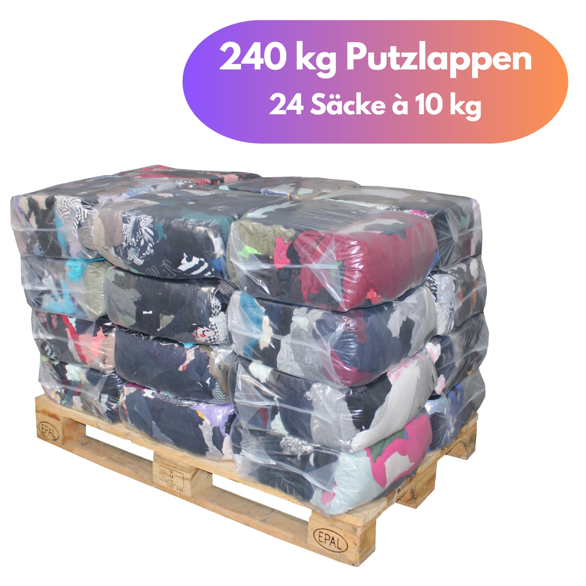 Baumwoll-Putzlappen Poliertrikot bunt Palette 24x10 kg fusselarm | Textiltücher für Werkstatt und Maschinenbau, ideal zum Polieren, Entfetten, Trockenreinigung und vielseitige Pflegearbeiten