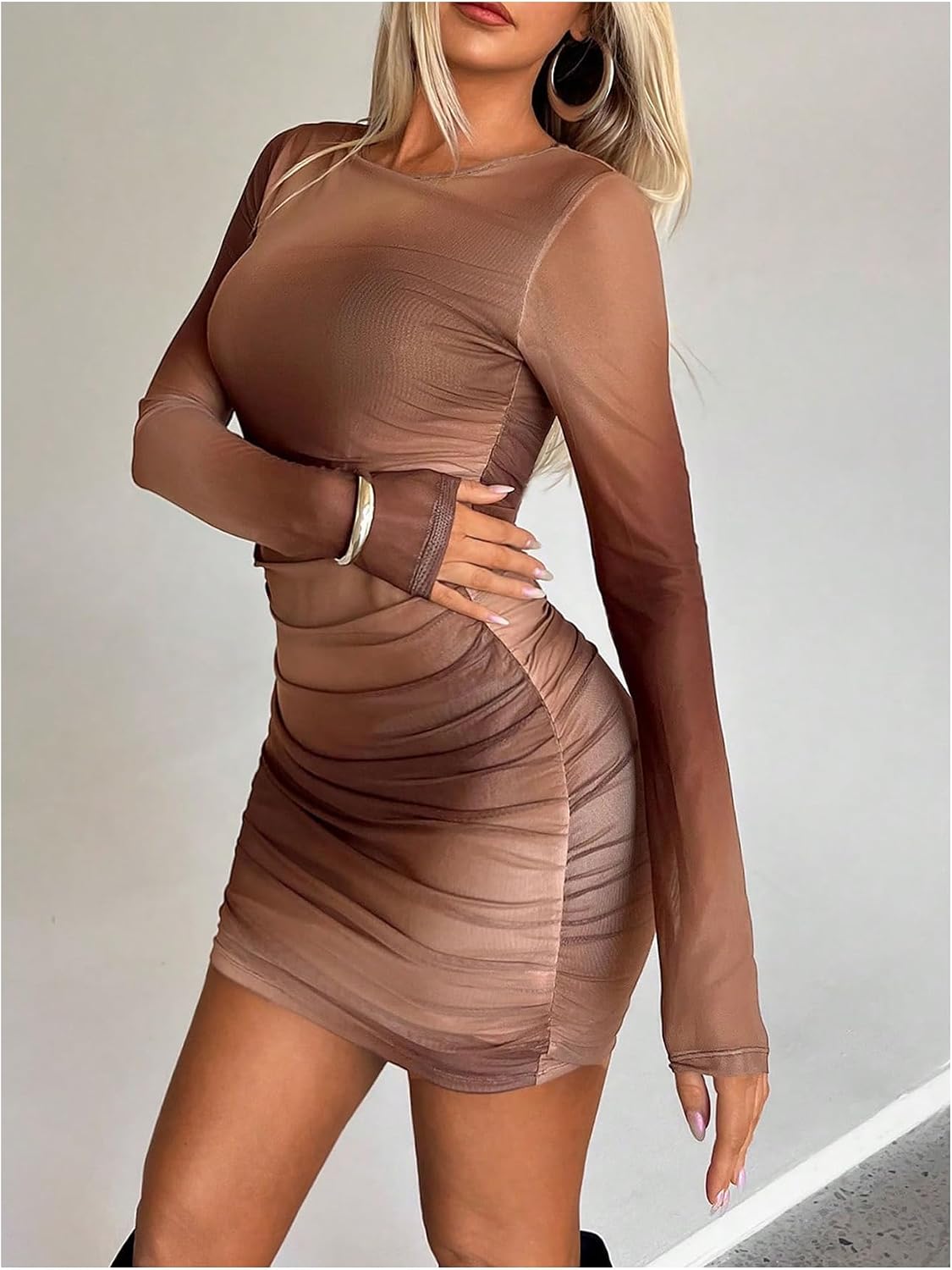 GORGLITTER Women's Long Sleeve Mini Dress Vacation Party Wedding Guest Cocktail Ombre Ruched Mesh Bodycon Dresses