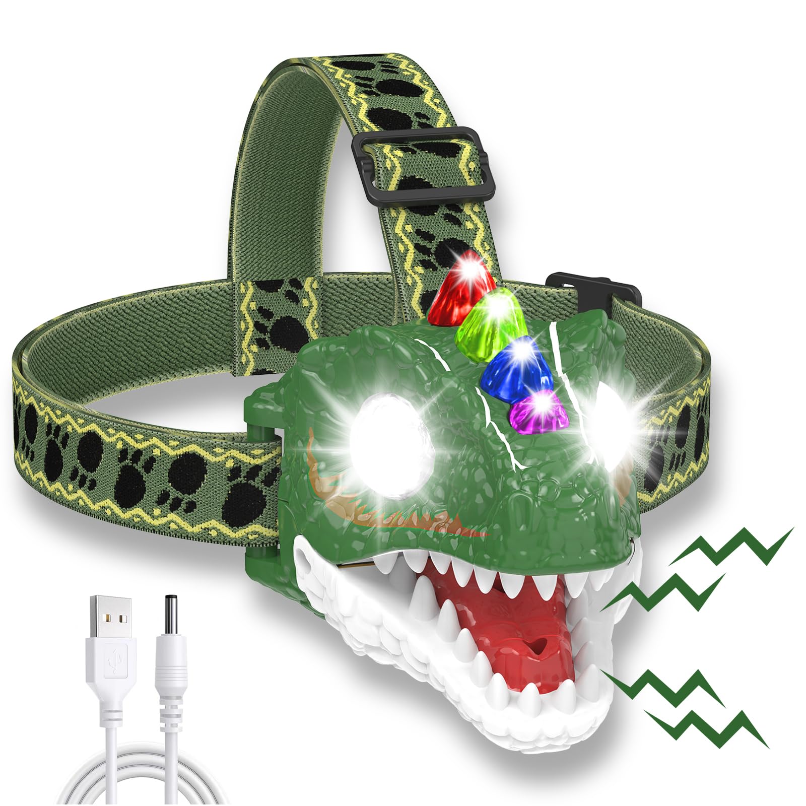 DIESOTTRechargeable Headlamp for Kids, Dinosaur Toys LED Headlight Flashlight for Boys or Girls Outdoor Camping Gear, Roar & Silent Mode- Ideal Gift for Christmas
