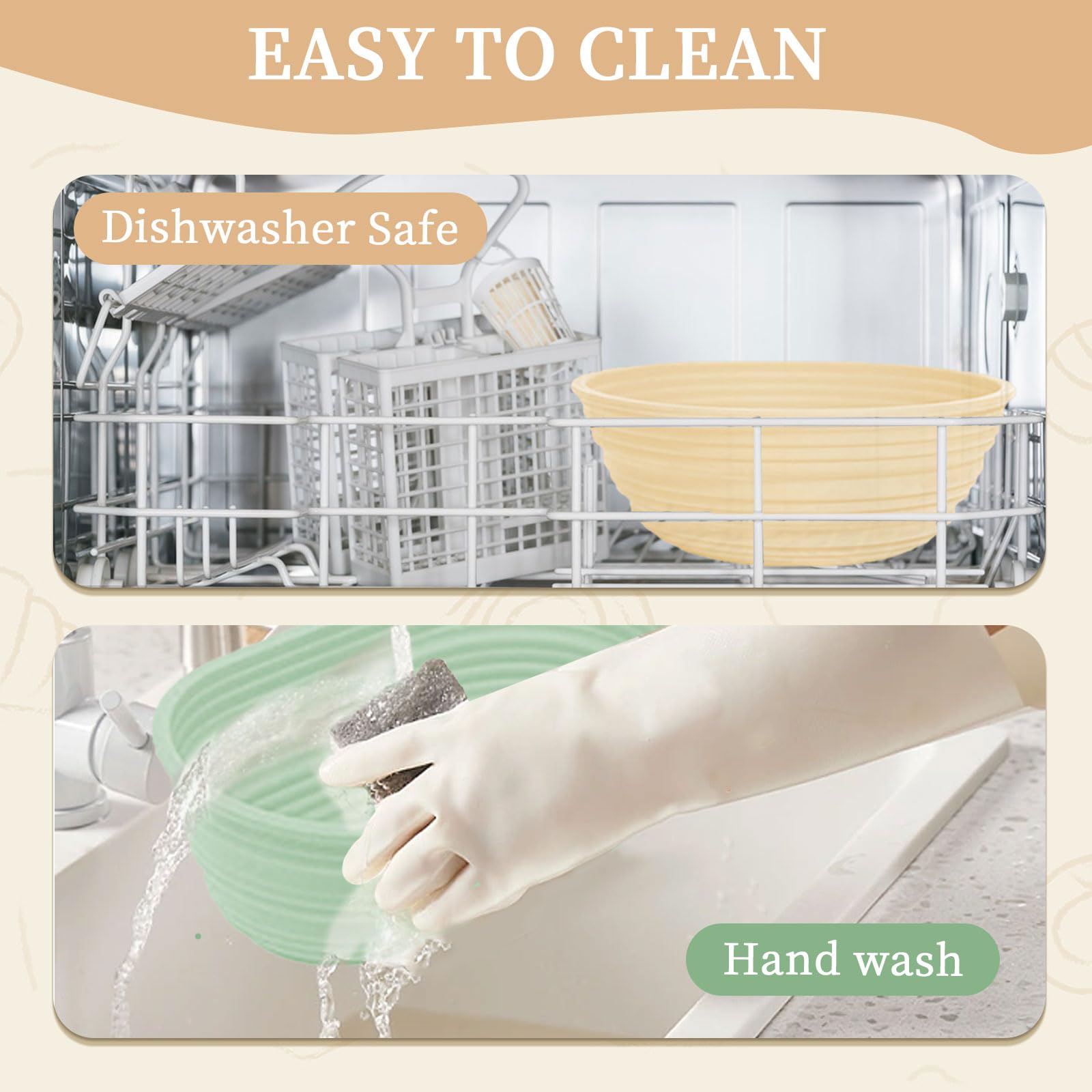 Lot de 6 Banneton pour Pain Kit, Corbeille a Pain Rond 22cm et Ovale 26cm en Silicone, Panier à Pain Pliable avec 3 Spatules et Brosse à Huile, Kit Boulangerie Panier Fermentation pour Boulangers (A)