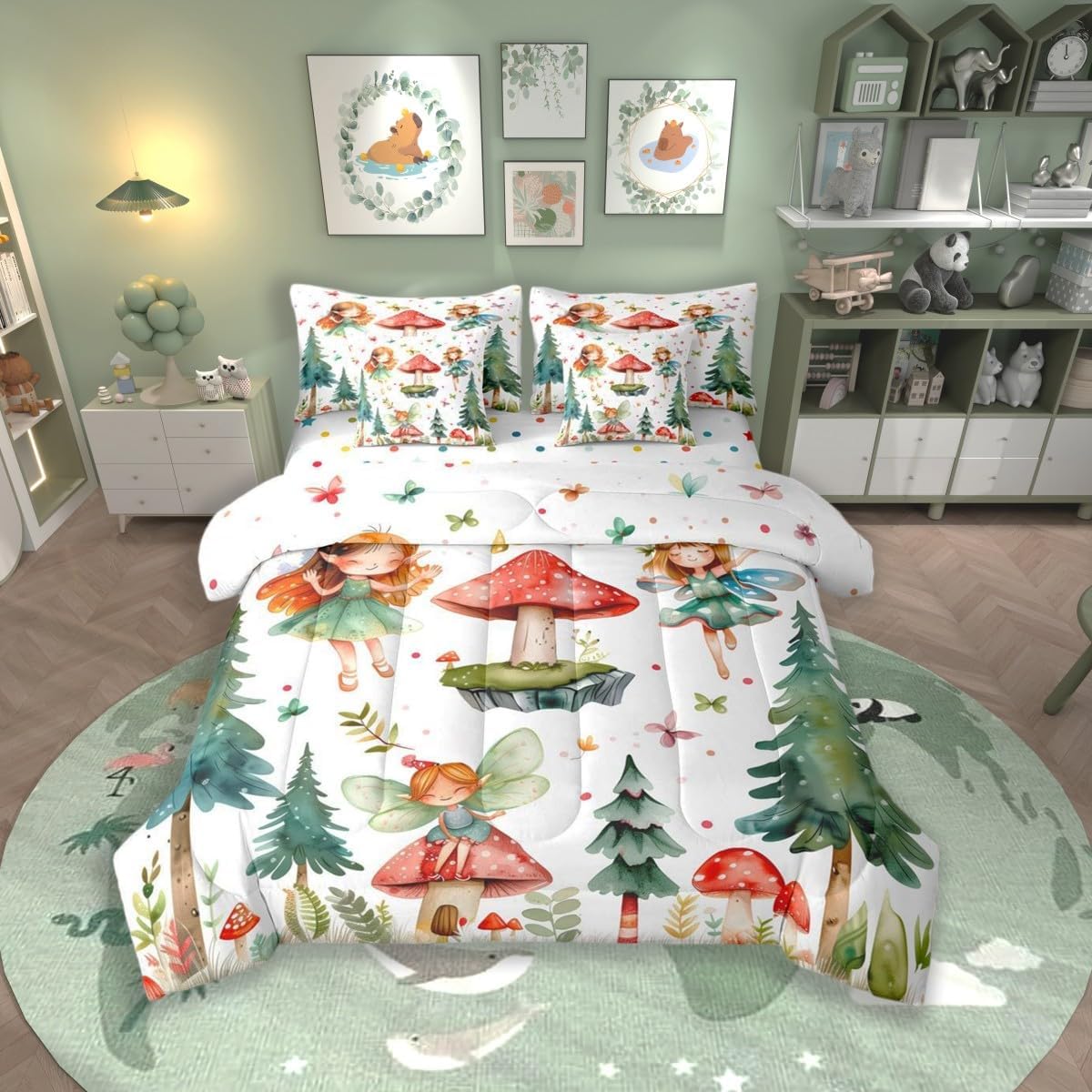 Erosebridal Mushroom & Fairy Twin Comforter Set with Sheets - Butterfly Bedding Set 7 Piece for Kids Girls, Whimsical Fairies Garden Bed Set | Forest Themed Butterflies Fitted Sheet+Flat Sheet