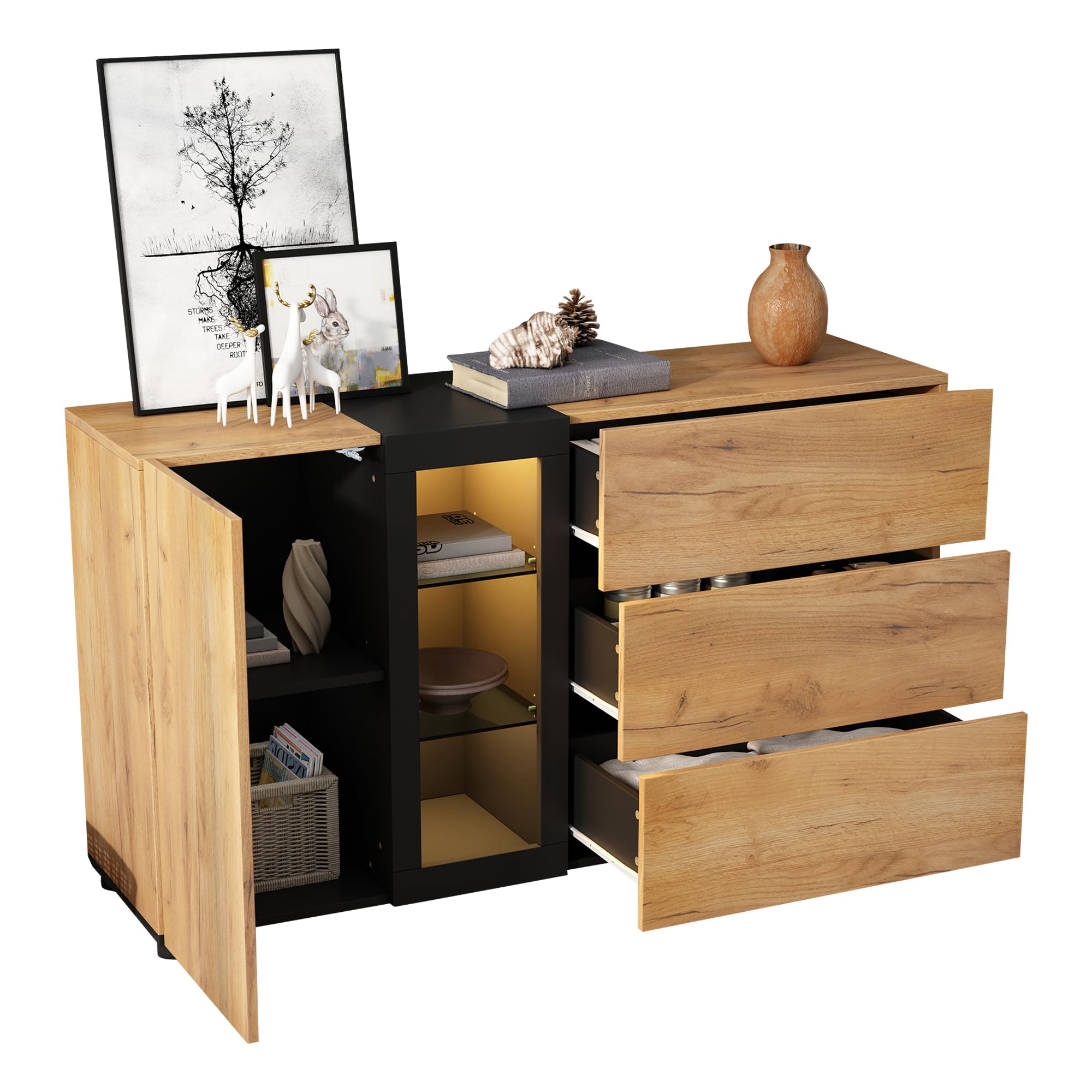 YuQozii Credenza moderna, credenza con 3 cassetti, con vetro, larghezza 140 cm