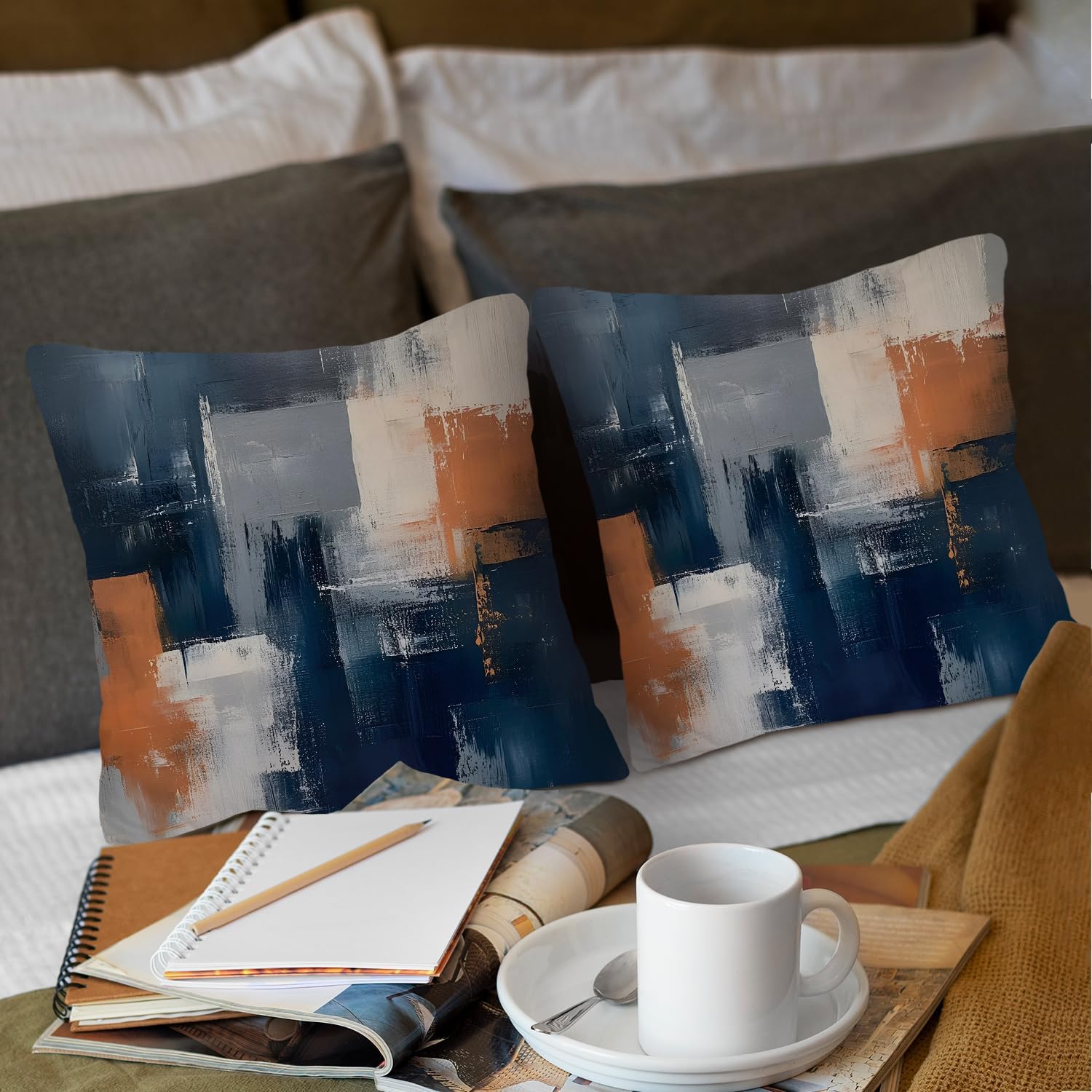 Navy Blue Orange Grey Throw Pillow Covers Decorative for Couch Sofa Bed Living Room Bedroom 18x18 inches Set of 2 - Image 5