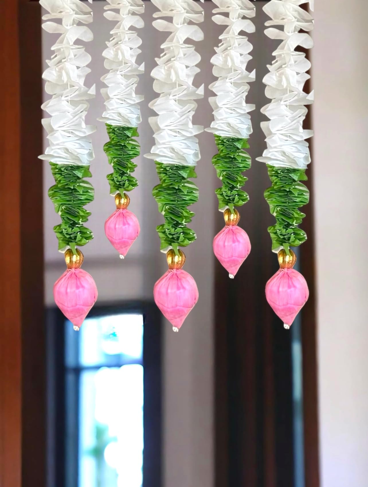 Pack of 8 Decorative Artificial White Jasmine Lotus Bud Flower Garlands String for Diwali Home Decoration Pooja Room Wall Hanging Toran for Main Door Entrance Wedding Decor Items