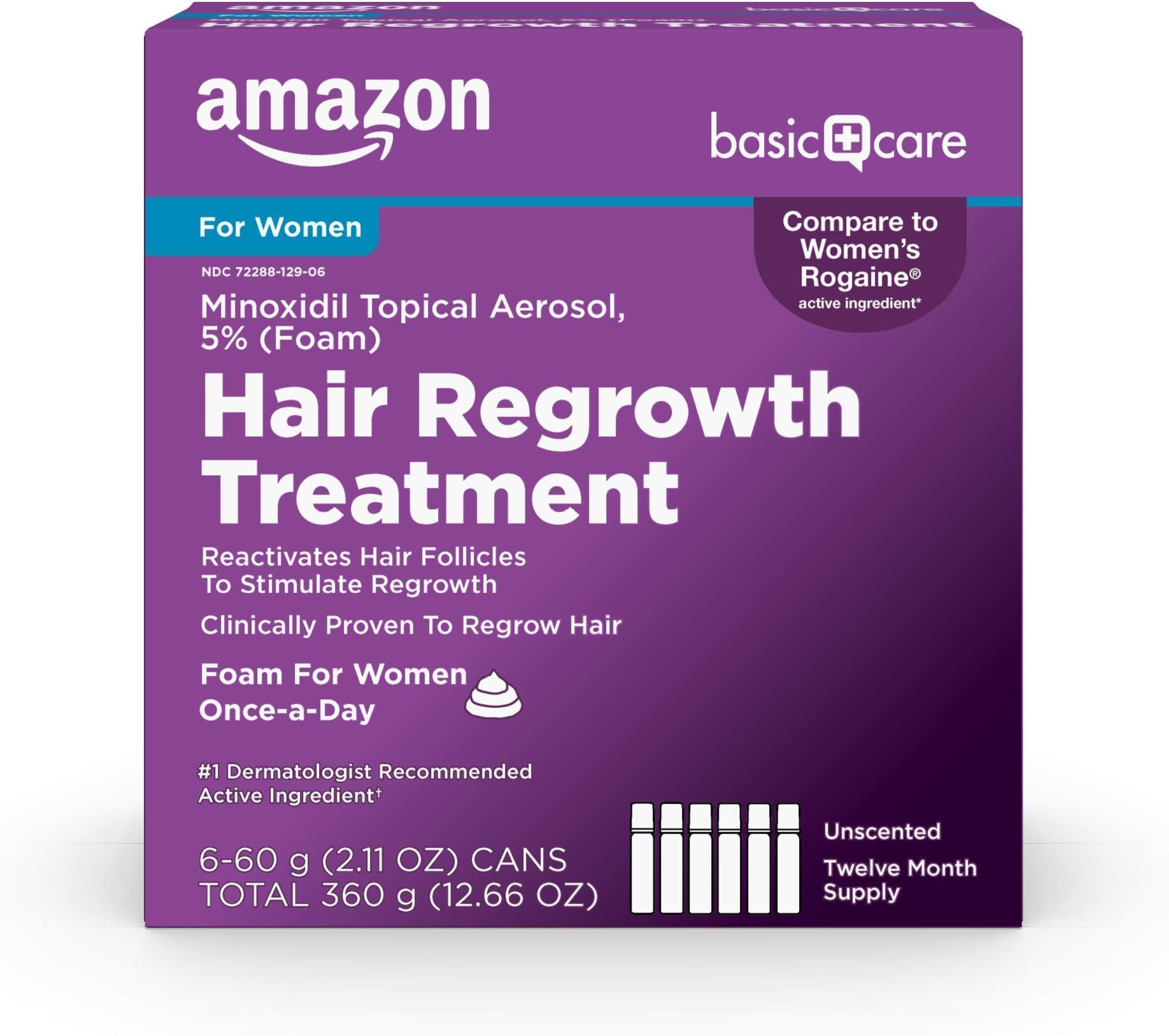 Hair Regrowth Treatment For Women, Minoxidil 5% Topical Aerosol, Clinically Proven Foam, 12-Month Supply, Unscented, 2.11 ounce (Pack of 6)