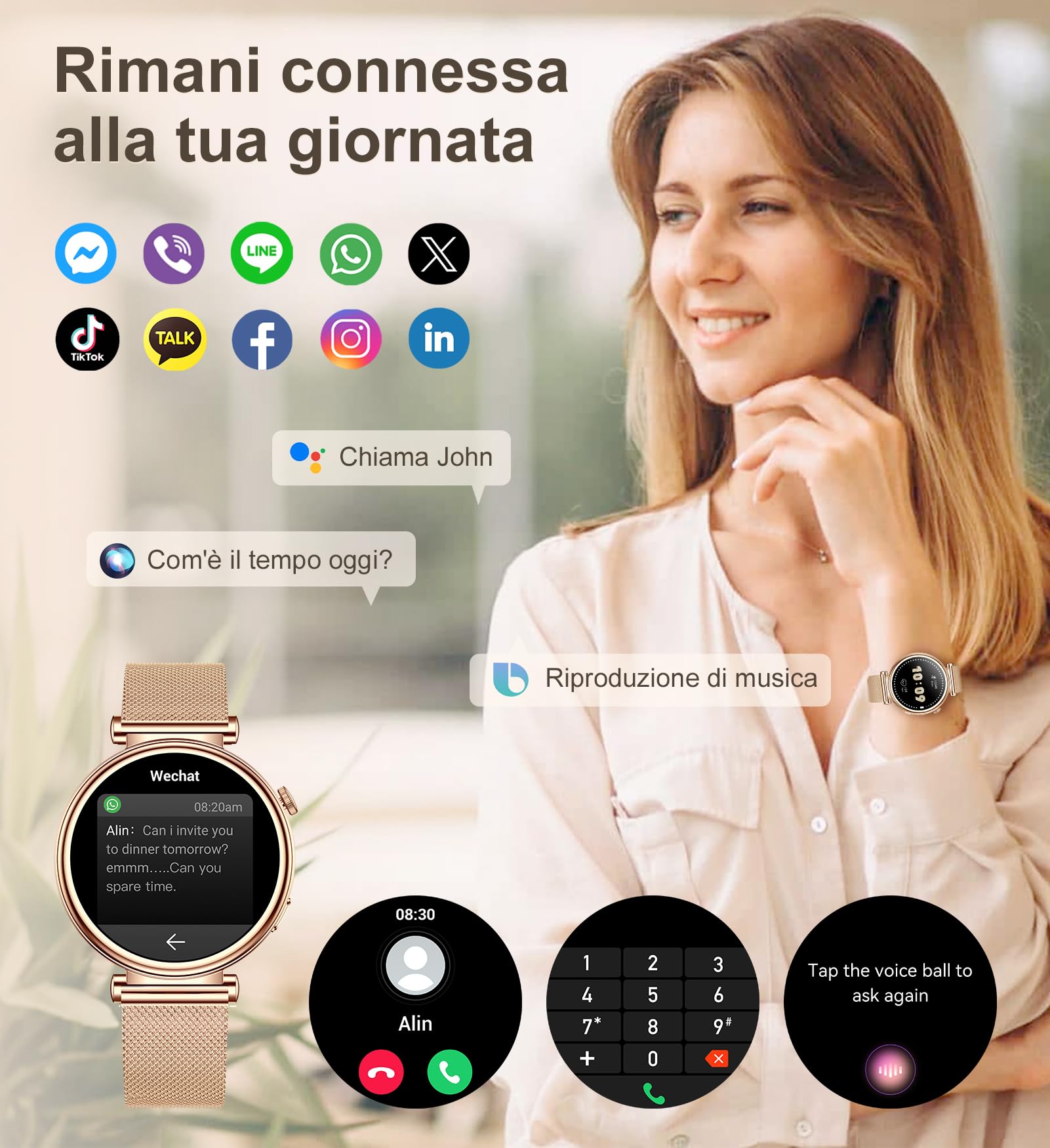 Smartwatch Donna Piccolo, 1.27" Smart Watch Rotondo 41mm, Orologio Digitale Elegante con Chiamate, Contapassi, 100+ Modalità Sportive, Cardiofrequenzimetro, Sonno, Compatibile iOS Android, Oro Rosa
