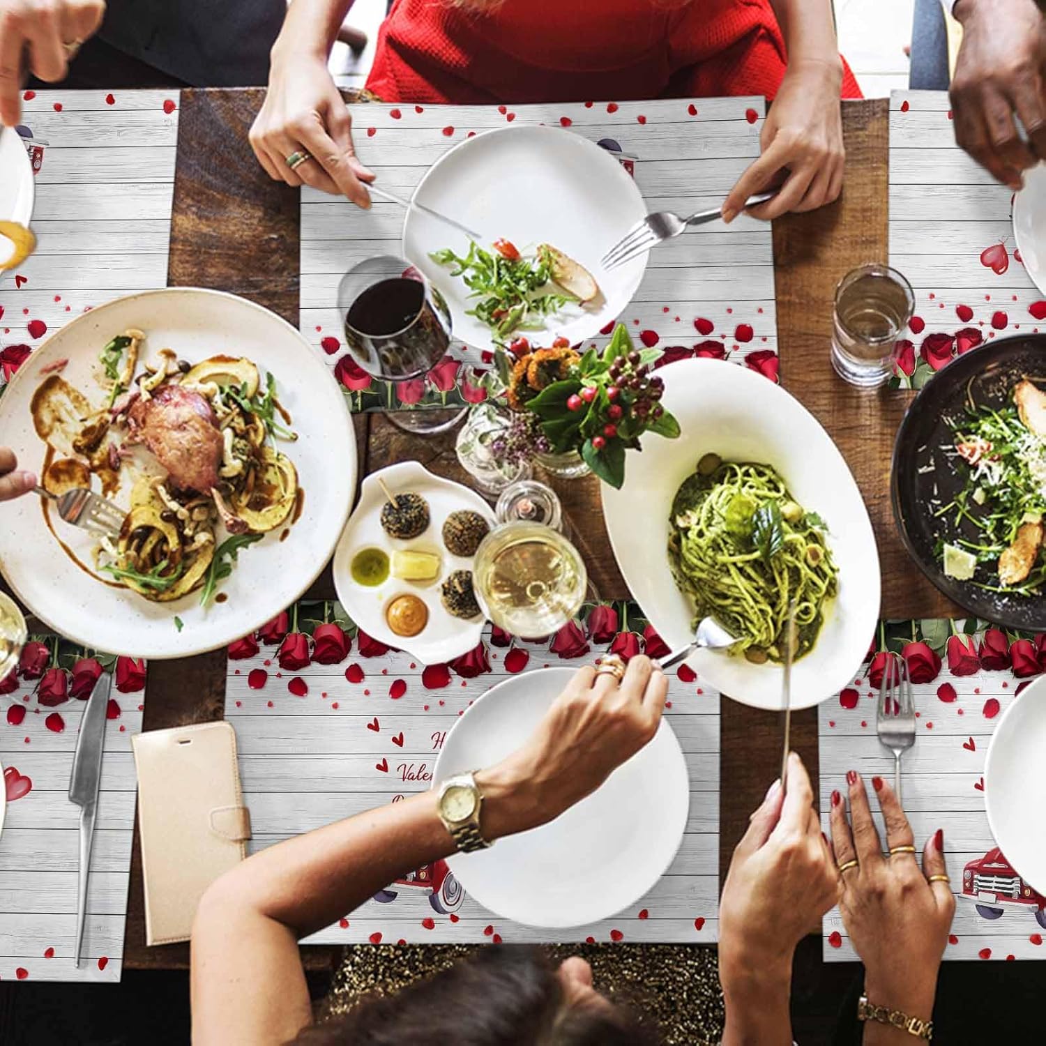 Placemats Set of 4 Valentine's Day Placemats for Dining Table, Valentine's Day Red Truck and Roses on Wood Grain Burlap Place Mats Washable Heat-Resistant Kitchen Table Decor Mats 19x13 Inches