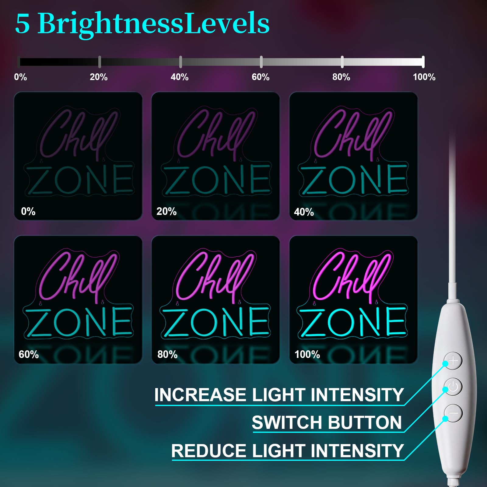 Insegna al neon Chill Zone per salotto, sala giochi, bar, caverna dell'uomo, camera da letto, decorazione da parete, insegna al neon a LED alimentata tramite USB, 15,35" x 12,6"