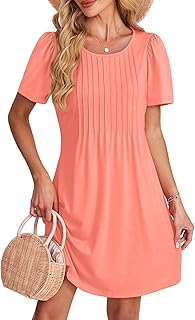 Womens Pleated Front Summer Dresses Casual Short Sleeve T Shirts Dress with Pockets Vacation Beach Cover Up - Buy now