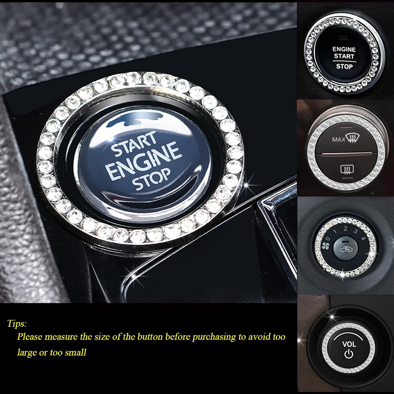 Earthland 2Pcs Crystal Rhinestone Ring for Car Decor, Auto Engine Start Stop Decoration Crystal Interior Ring Decal for Vehicle Ignition Button-Silvery