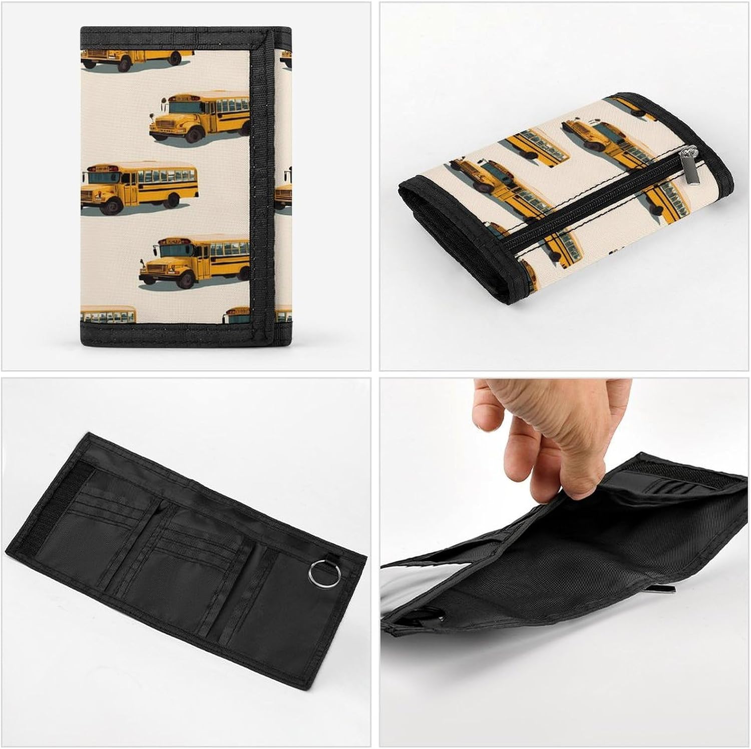 School1 Bus Pattern Trifold Slim Wallet Front Pocket With Money Clip And ID Credit Card Slots For Travel Work