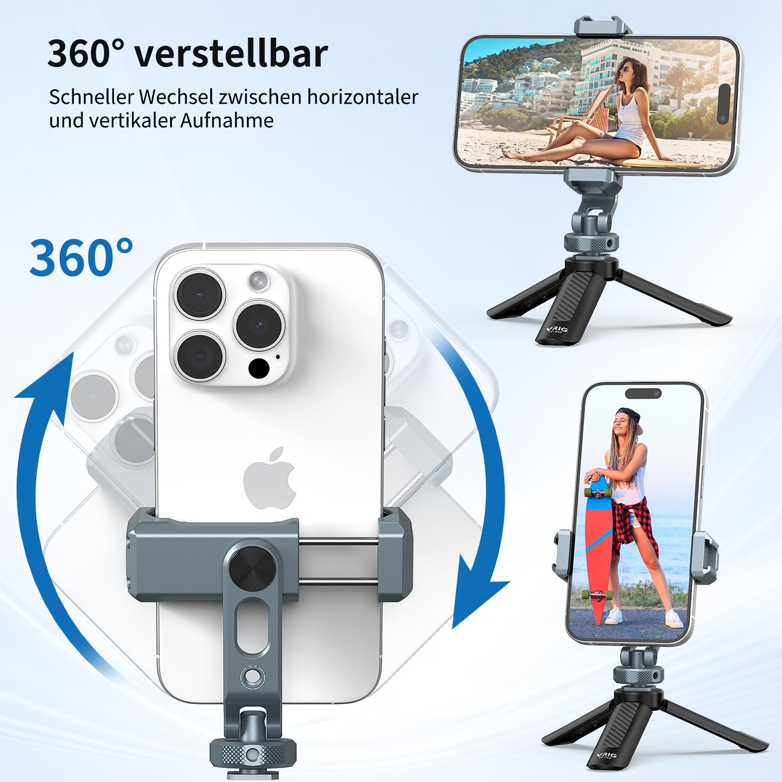VRIG PH-18 Handyhalterung für Stativ Metall, Auch kompatibel mit Blitzschuh | 360° Drehbarer Handyhalter, 2 Cold Shoe Mount, Kamera Halter für iPhone und Samsung (Blitzschuhadapter & 1/4"-Stativgewinde)