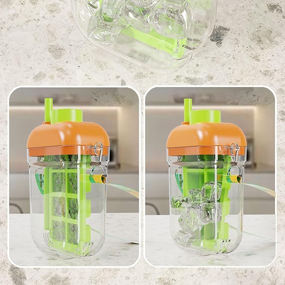 2 in 1 Ice Cube Bottle Reusable Portable Ice Maker Bottle Easy Release Ice Bottle Cup with Zero Touch Press Ice Cube Mold Straw & Lid for Office Picnics & Travel (A)