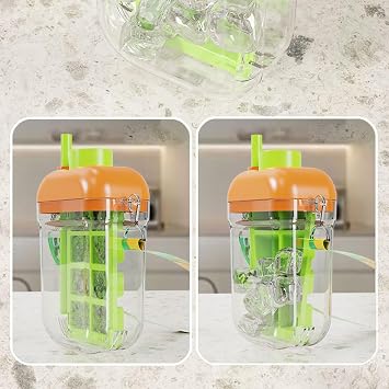 2 in 1 Ice Cube Bottle Reusable Portable Ice Maker Bottle Easy Release Ice Bottle Cup with Zero Touch Press Ice Cube Mold Straw & Lid for Office Picnics & Travel (A)
