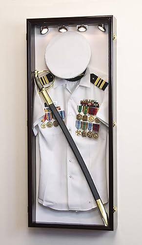 Miniatura 5 de Caja de sombra militar, marco de pared para gabinete de medallas de espada, con cerradura (acabado negro + luz LED, fondo de fieltro negro)