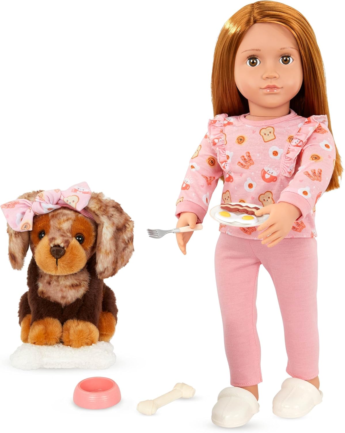 Our Generation 45.7 cm Large Doll and Pet 6 Inch Dachshund Plush Feeding Accessories Imaginative Play Toy for Ages 3+ Claudia and Cinnamon