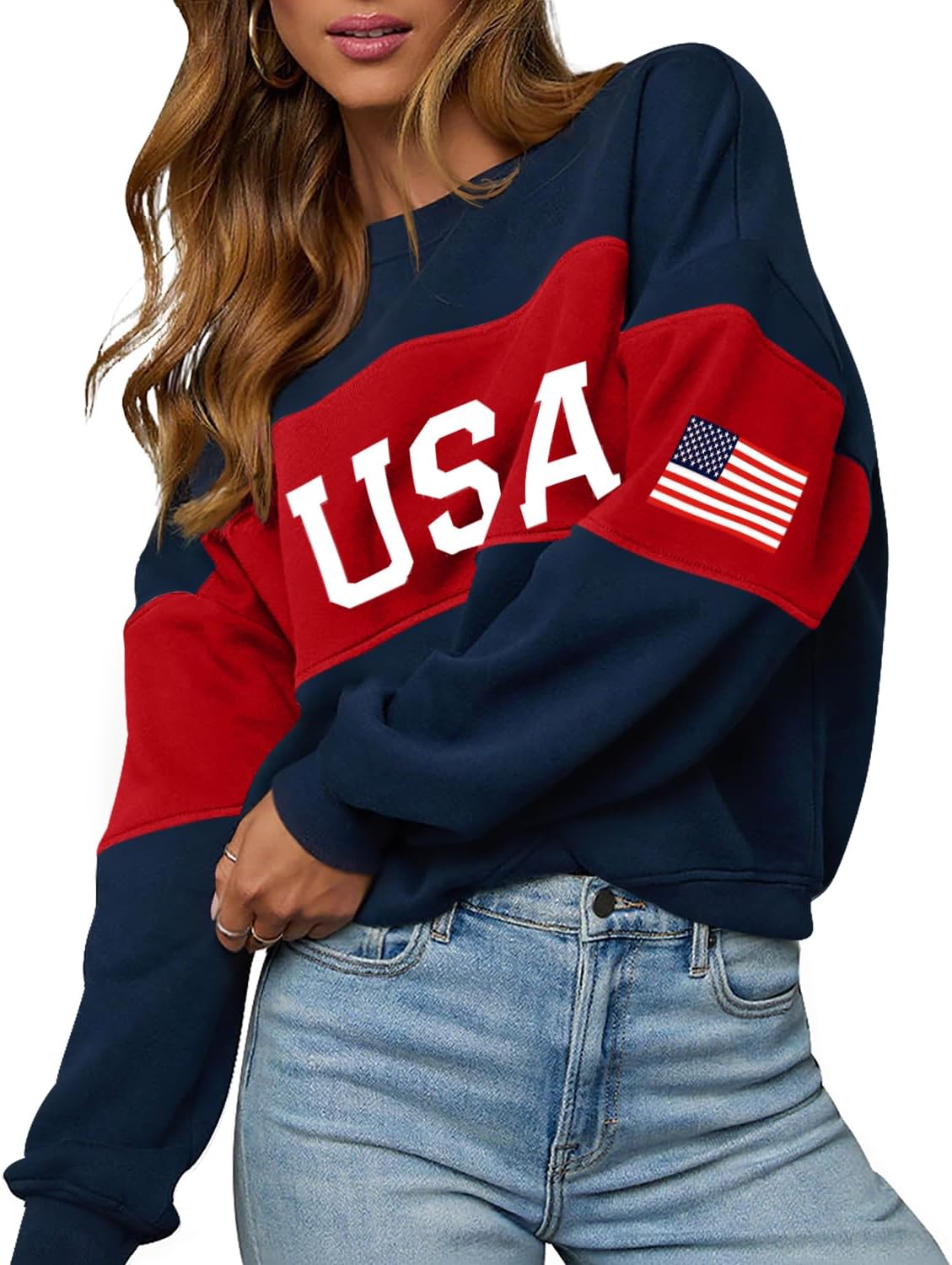 LEEDYA Women Oversized USA Sweatshirt Crewneck American Flag Sweater Long Sleeve 4th of july T shirts Loose Fit Pullover Top