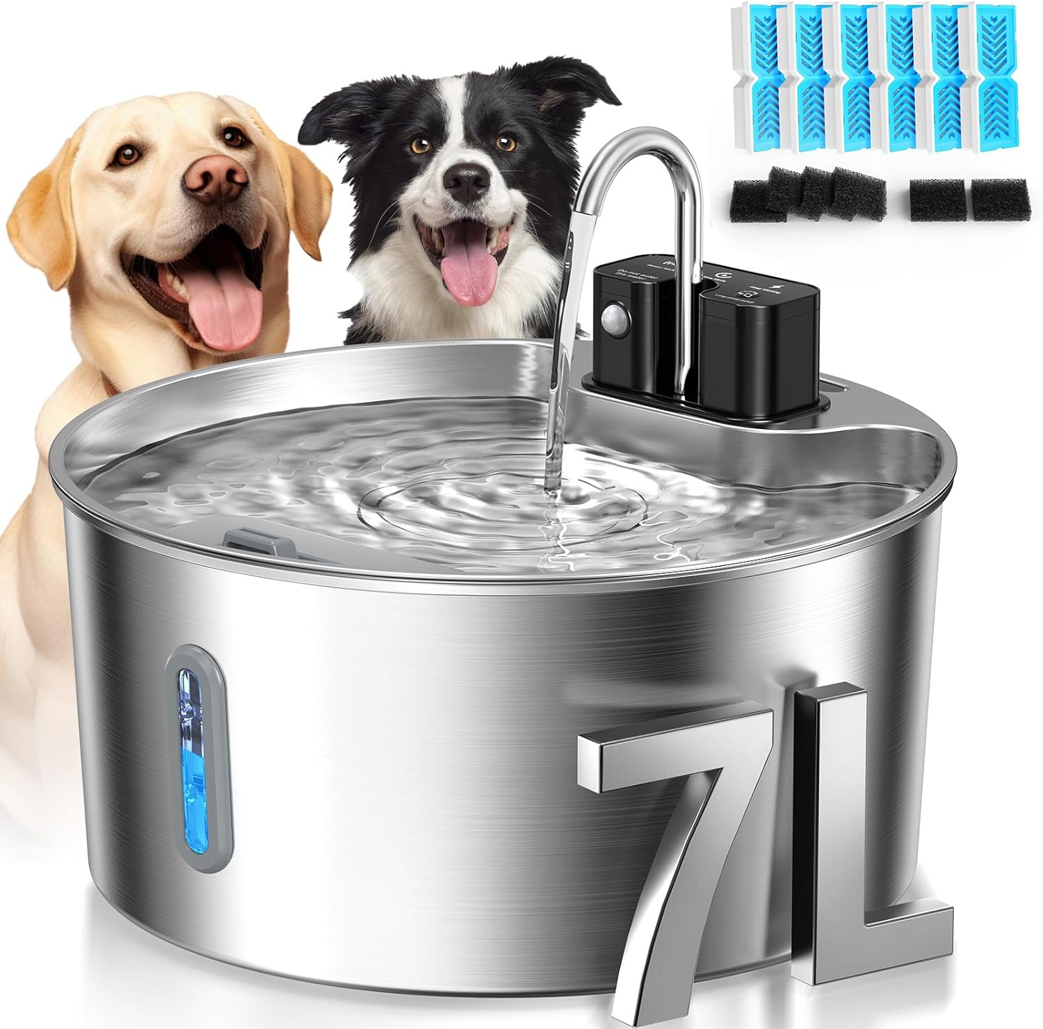 Voluas Dog Water Fountain: 1.8Gal/7L Wireless Stainless Steel Dog Fountain Bowl for Small to Large Dogs, Battery Operated Pet Water Dispenser Indoor with Ultra-Quiet Pump, Easy Clean, 6 Filter