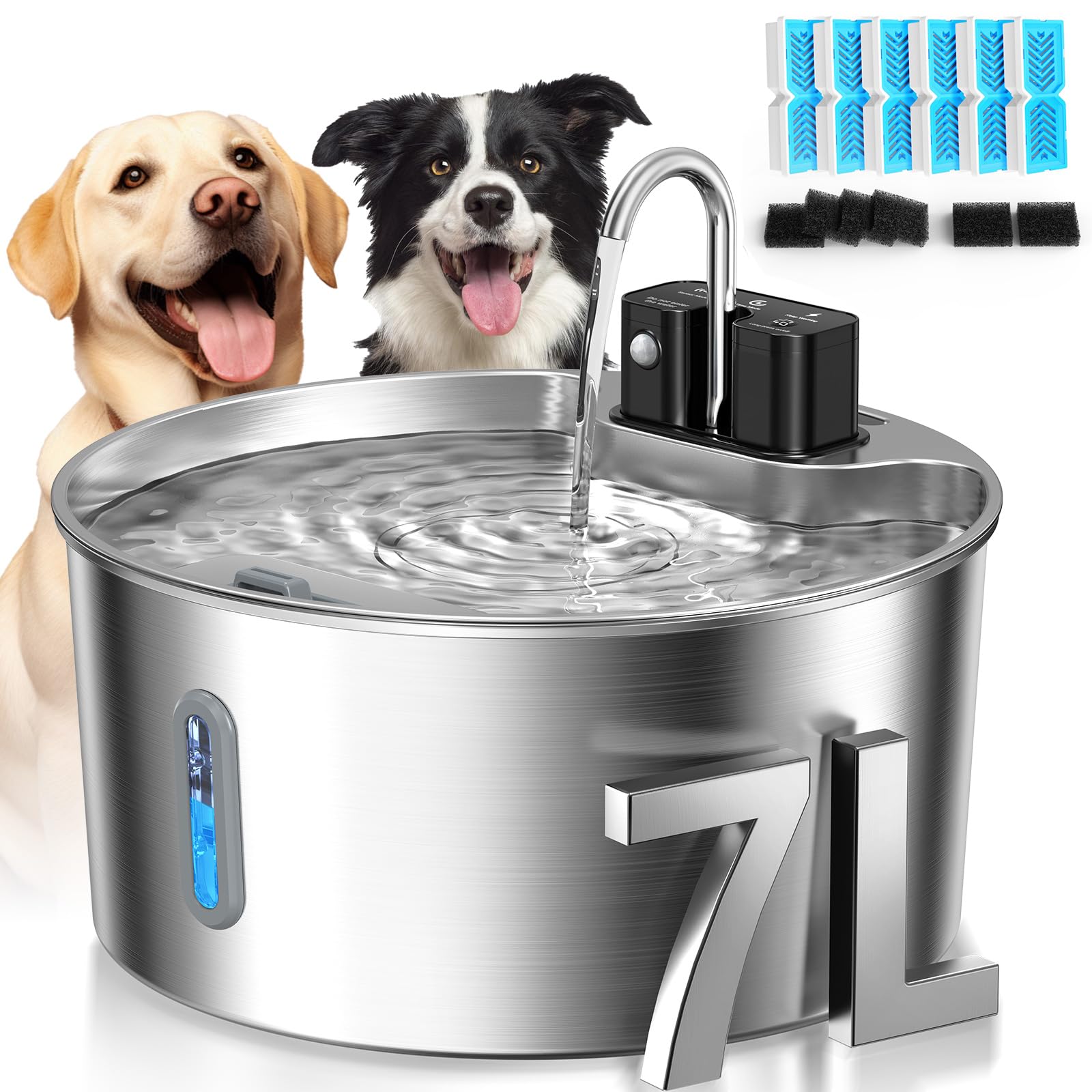 Photo 1 of Voluas Dog Water Fountain: 1.8Gal/7L Wireless Stainless Steel Dog Fountain Bowl for Small to Large Dogs, Battery Operated Pet Water Dispenser Indoor with Ultra-Quiet Pump, Easy Clean, 6 Filter
