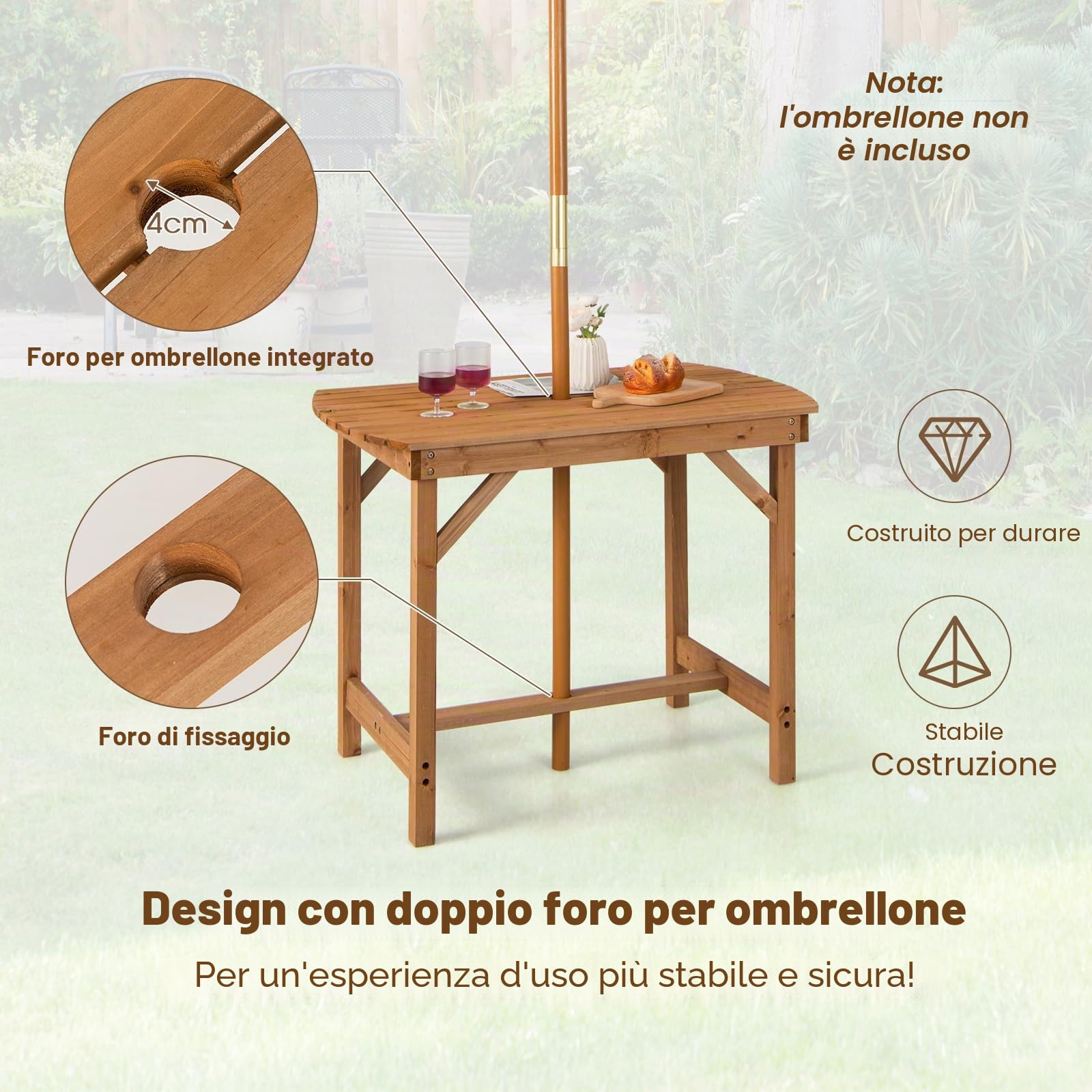 KOMFOTTEU Tavolo da Giardino in Legno di Abete, Tavolo da Pranzo con Foro per Ombrellone, Tavolo Ausiliare con Portata di 180 kg, Tavolo da Salotto per 4-6 Persone, 100 x 60 x 75 cm, Naturale
