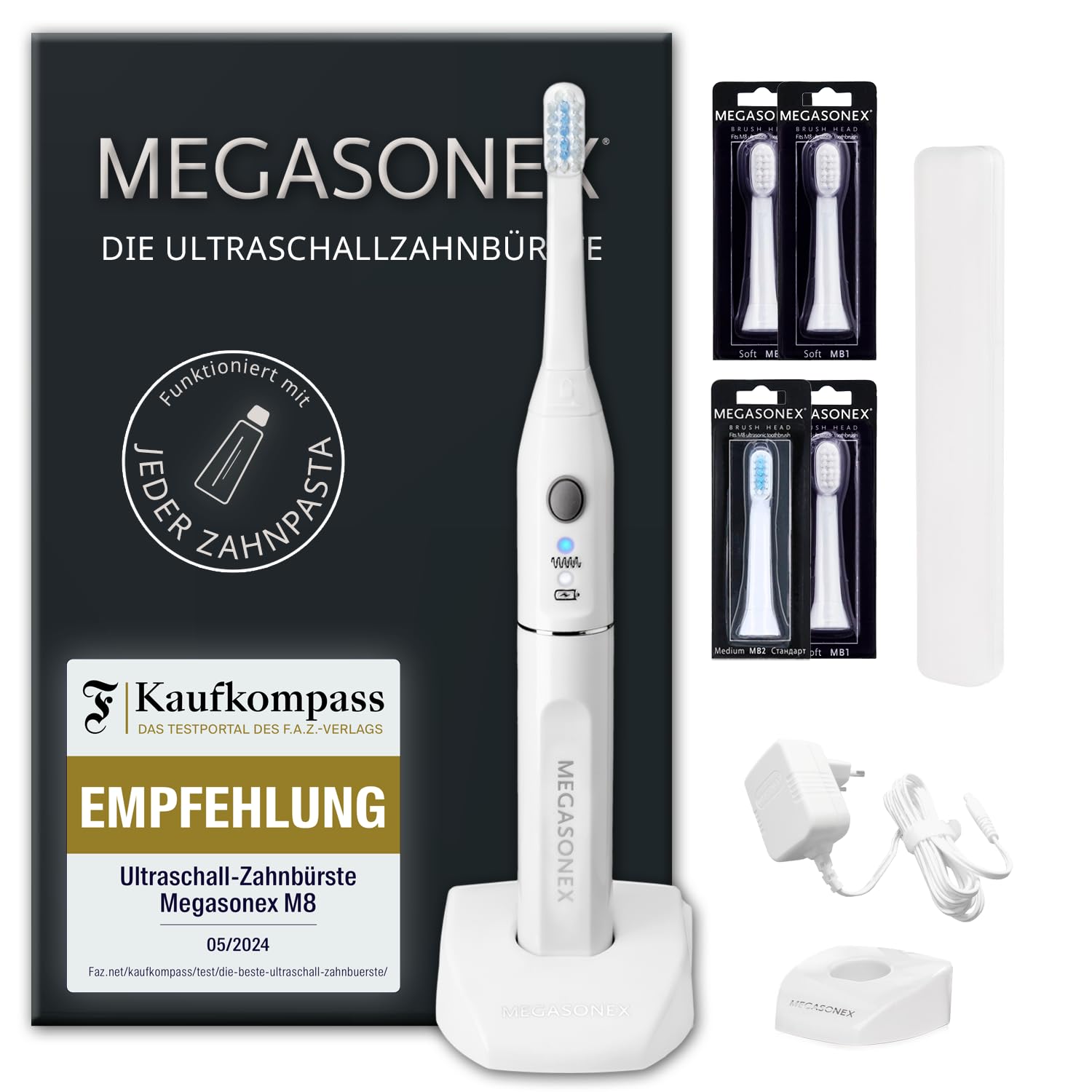 MEGASONEX Ultraschall-Zahnbürste M8 Set - Mit 2 Vibrations-Stufen | zusätzlich inkl. 2x Bürstenköpfe Soft