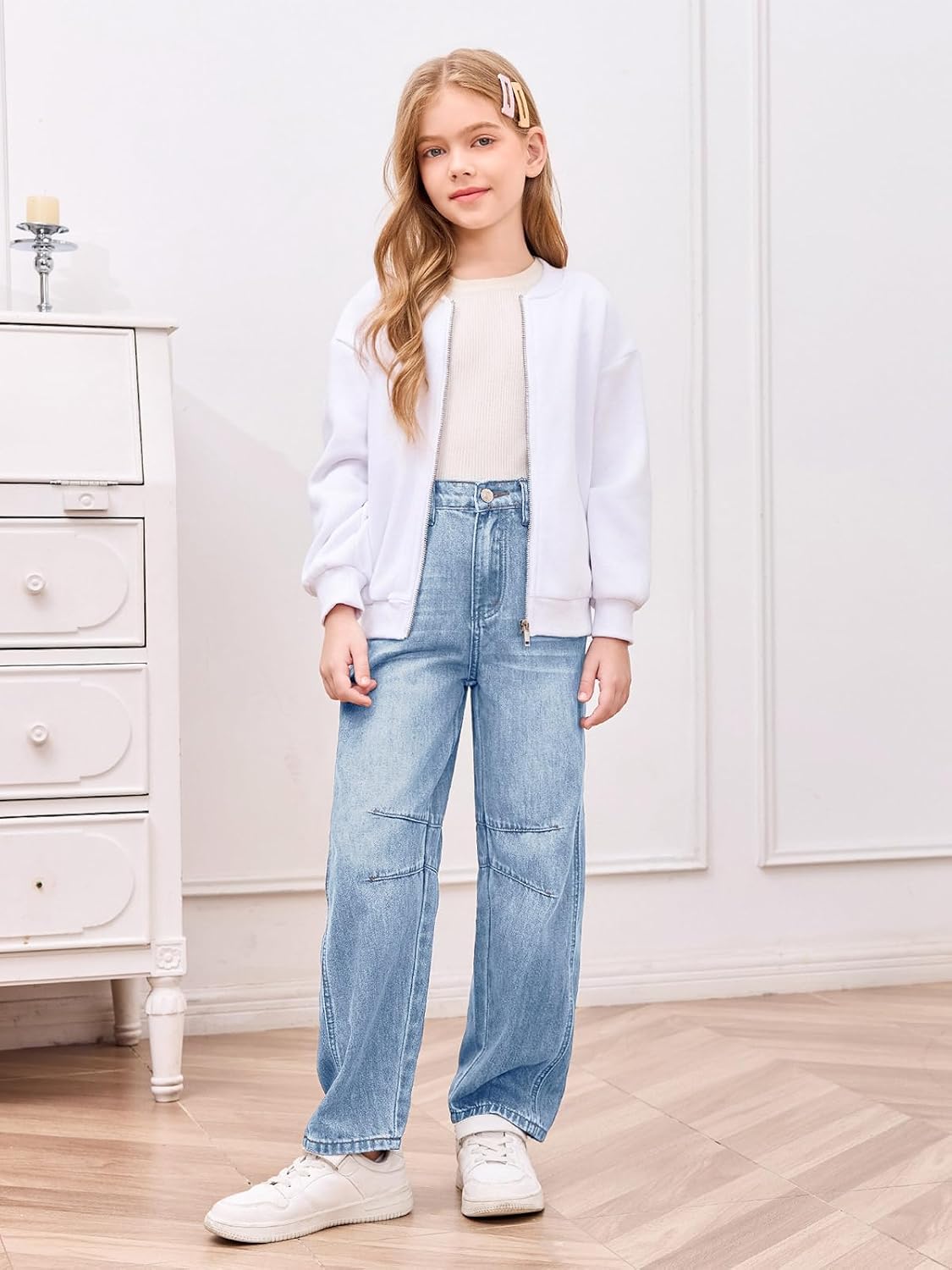 Haloumoning Girls Wide Leg Barrel Jeans Kids Fashion Elastic Waist Baggy Denim Pants with Pockets 5-14 Years