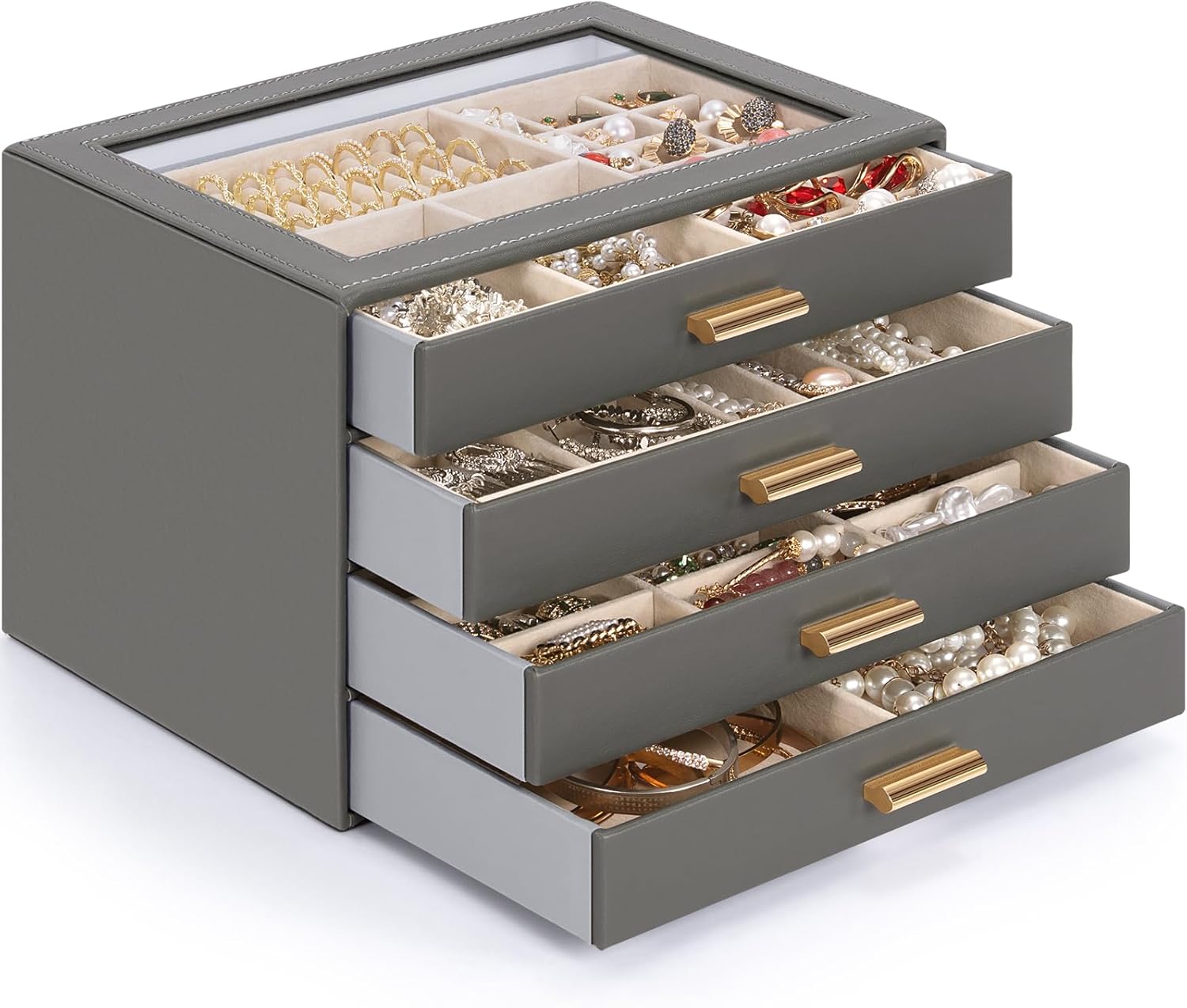 AKOZLIN Jewelry Box with Clear Lid Functional Leather Jewelry Storage Organizer Case 4 Drawers for Women Girls Necklace Ring Bracelet Earring DarkGrey