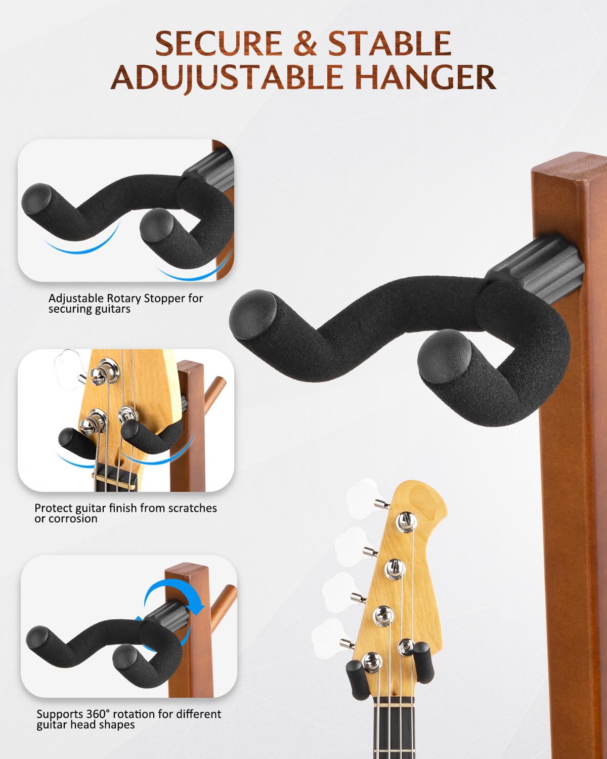 STRICH Soporte para bajo, expositor de guitarra de madera de 112 cm de altura, soporte para guitarra de nogal con gancho para el hogar y el estudio (FH-2, expositor para bajo)
