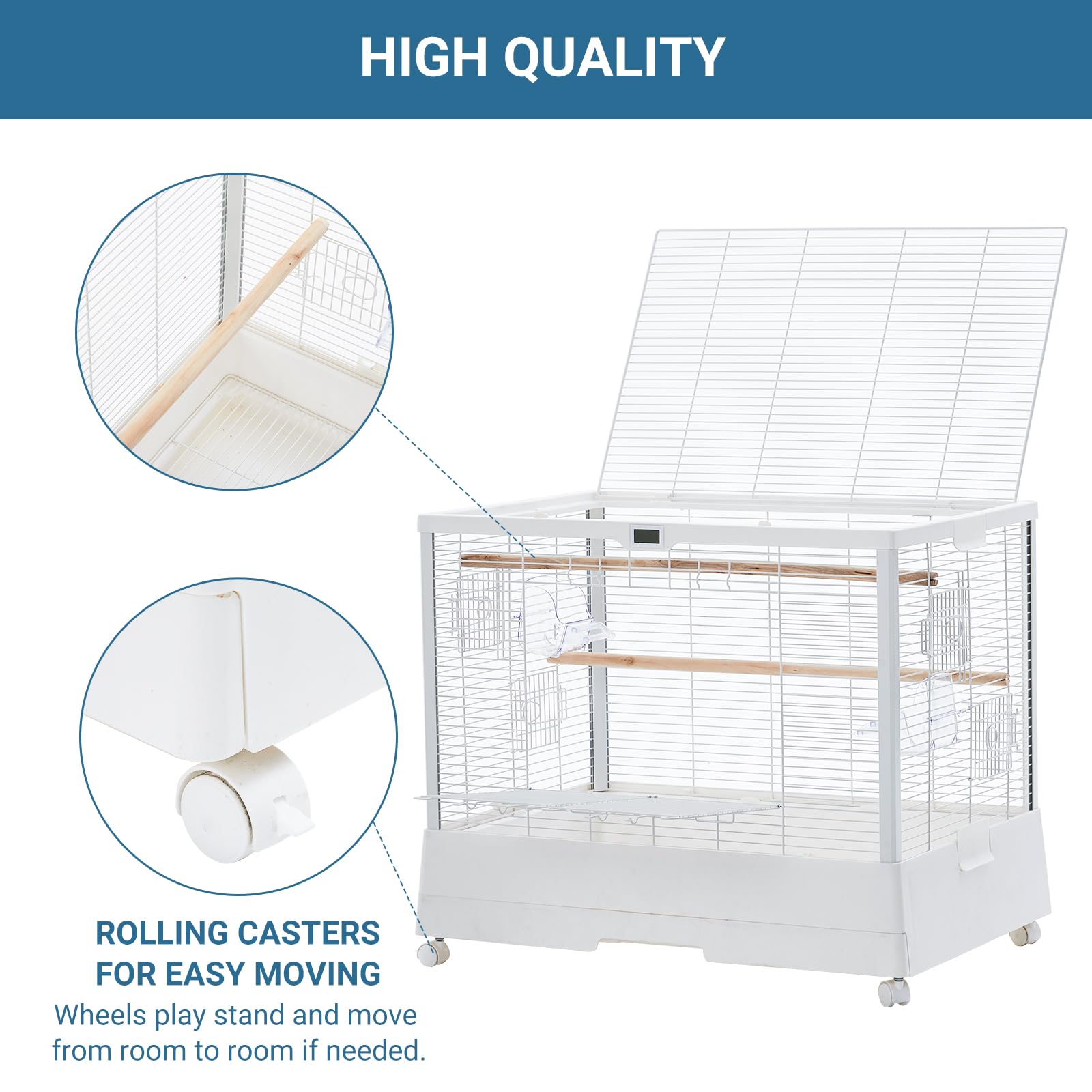 Garvee Jaula para pájaros de Acero con Carro – 28 Pulgadas, Bandeja extraíble, Estante, Control de Temperatura y Humedad – Ideal para periquitos, inseparables, cacatúas, conuri y pequeños/medianos