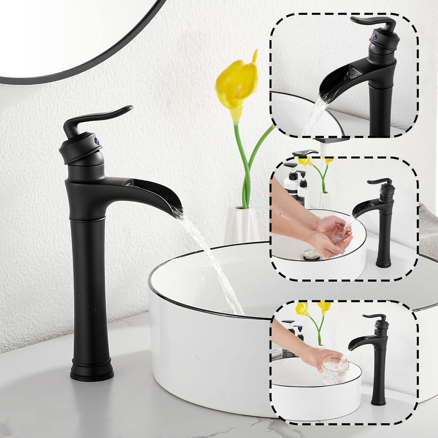 Matte Black Bathroom Faucet GGStudy Single Handle One Hole Farmhouse Waterfall Bathroom Vessel Sink Faucet Black Matching with Pop Up Drain