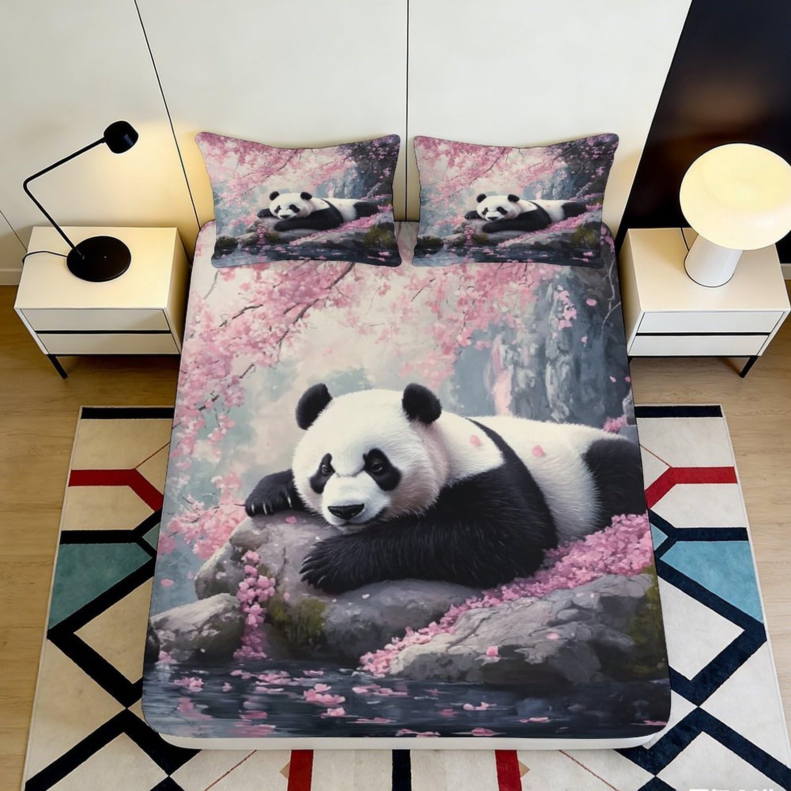 Jqzkxnhpbr Style-7 3D Printed Panda Sakura Fitted Sheet Microfiber Soft Non Slip Cherry Blossom Bed Cover For Bedroom Guest Room Home Decor 90X200x25cm