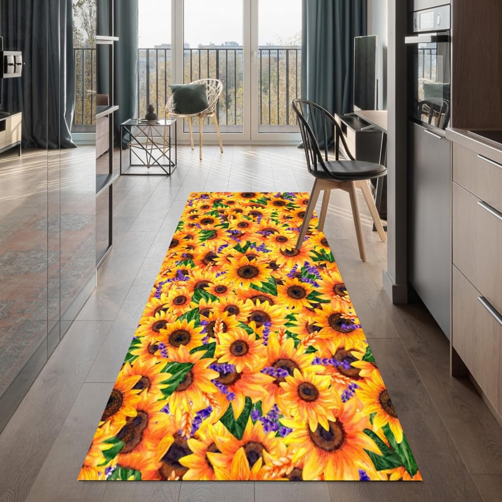 Cute Sunflowers Print Runner Rug 2x6 Machine Washable Long Area Rug for Bedroom Livingroom Guestroom Waterproof No Slip Kitchen Laundry Bathroom Porch