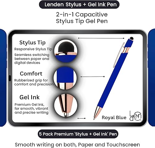 Miniatura 9 de Lenden Paquete de 5 bolígrafos de tinta de gel 2 en 1 de goma Comfort Soft Touch, punta capacitiva, punta media de metal premium, tinta negra,