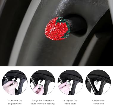 4 PCS Strawberry Car Tire Valve Stem Caps, Bling Rhinestone Wheel Valve Covers Dustproof Air Caps, Crystal Handmade Tire Stem Covers for Most Cars Trucks Motorcycles (Red)