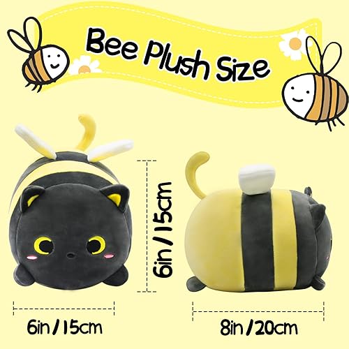 Miniatura 2 de Almohada de gato negro con abeja de peluche, 20 cm de gatos lindos con abeja de peluche, gatos kawaii de peluche, abejas de peluche suaves y gato de