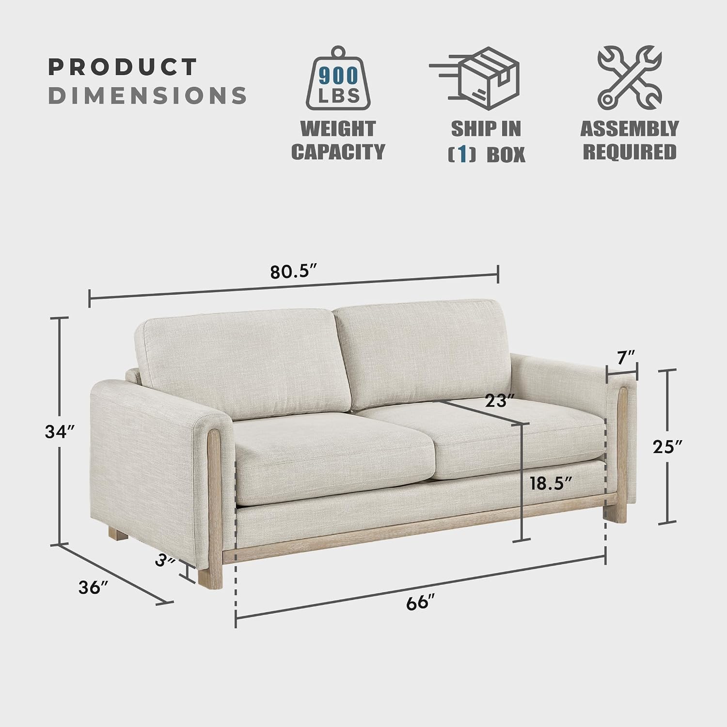Lexicon Modern Upholstered Living Room Sofa, Textured Fabric Sofa Couch, Track Arm, Wood Frame and Natural Finish Wood Legs, Reversible Back Cushion, No Assembly, Beige