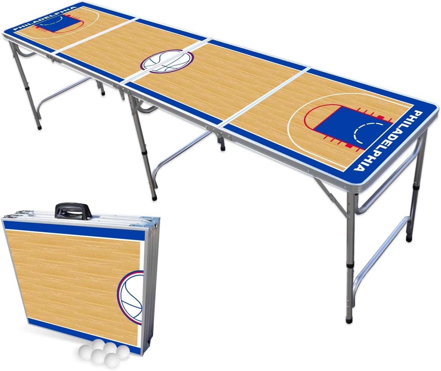 8-Foot Folding Portable Pong Table w/Optional Cup Holes & LED Lights - Philadelphia Basketball Court (Choose Your Model)