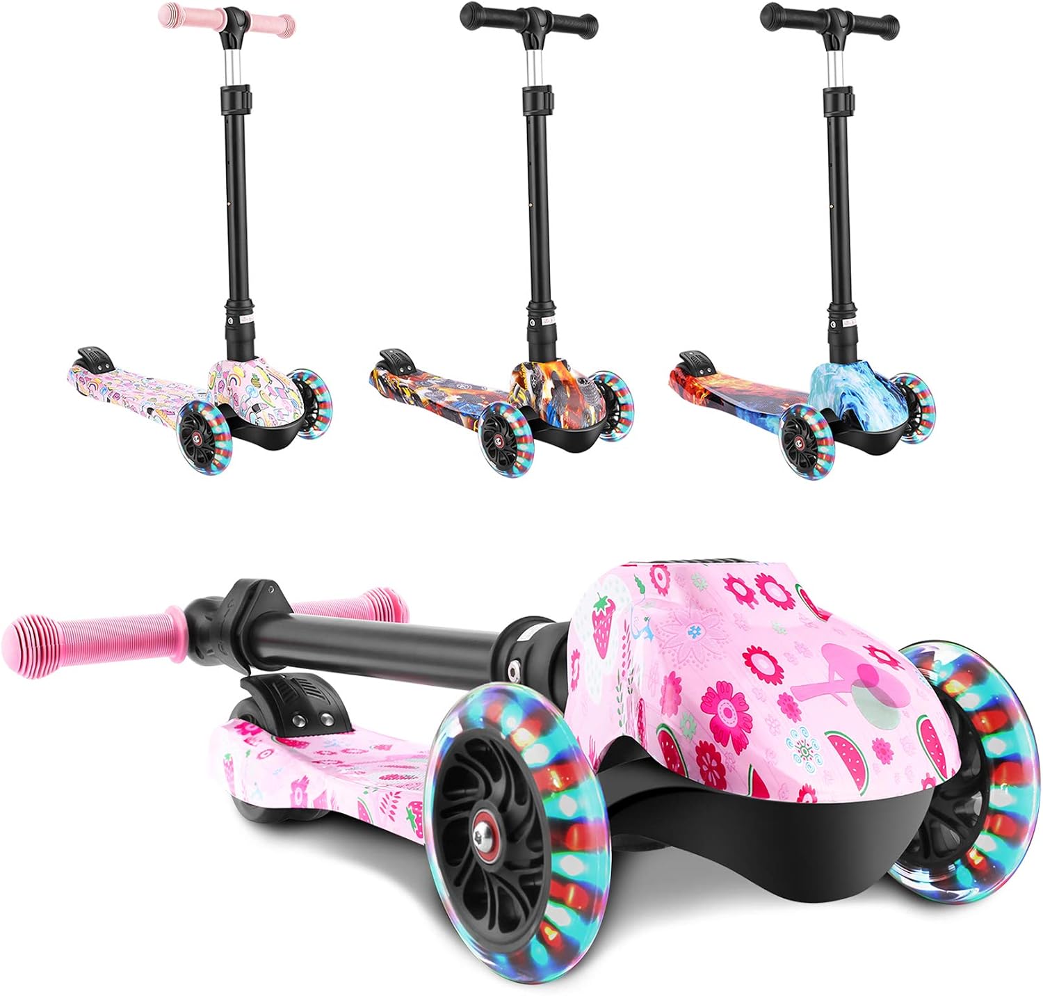 WeSkate Scooters for Kids, Foldable Scooter for Toddlers Girls & Boys, LED Lights Up 3 Wheels Scooter Adjustable Height, Lean to Steer,Great Gifts for Children Ages 3-12