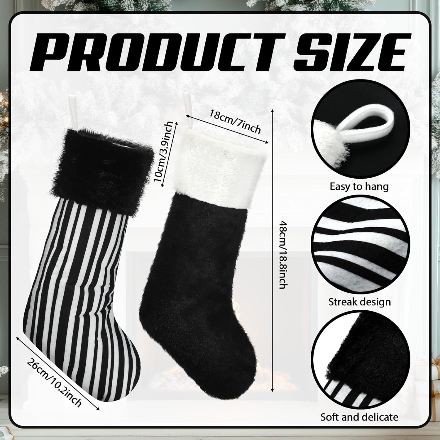 Realspring 4 Pcs Black Christmas Stocking 19" Black and White Christmas Stockings with Plush Cuff Xmas Faux Fur Hanging Sock Classic Fireplace Hanging Ornament for Xmas Tree Party Favors